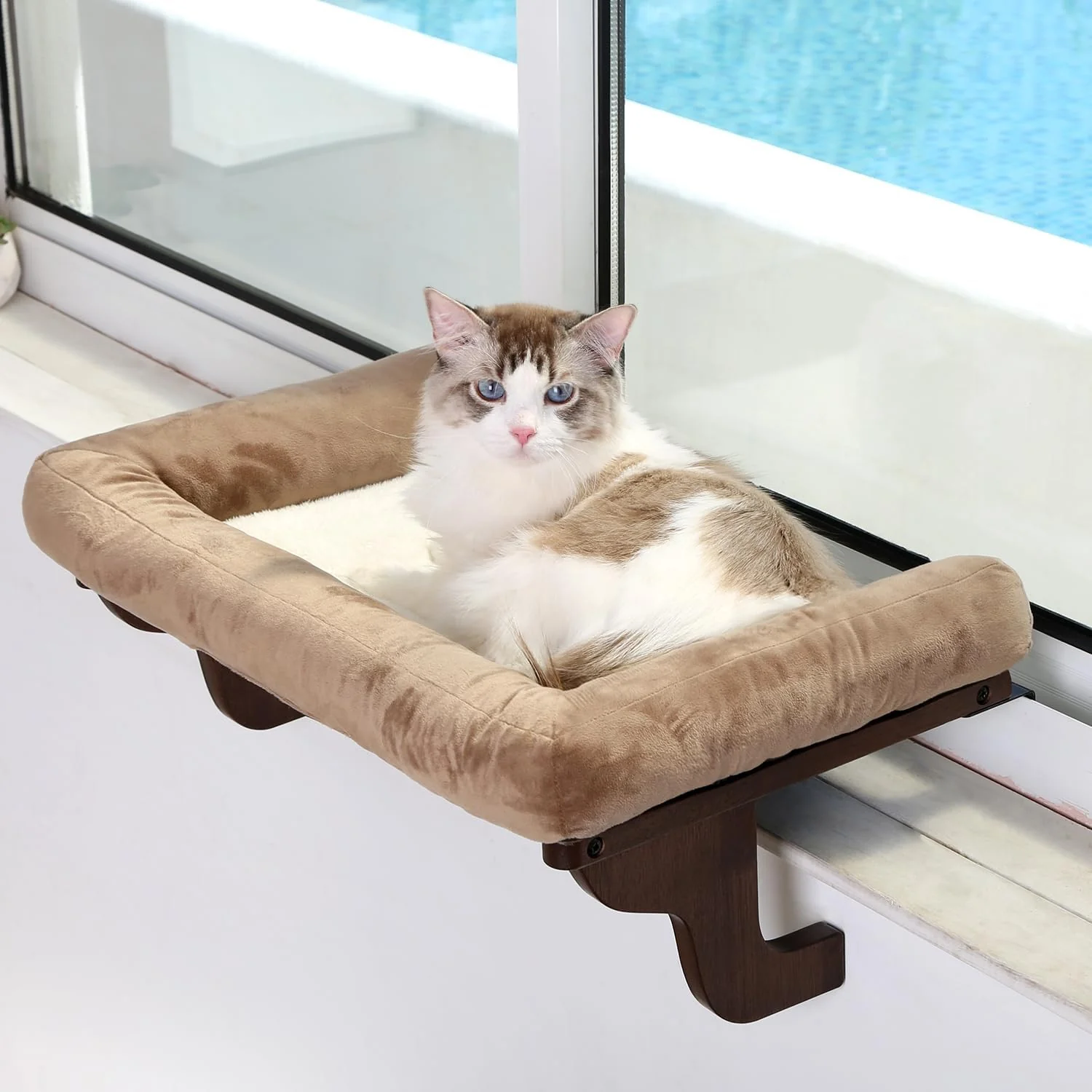 Enhanced Cat Perch for Window Sill with Bolster - Orthopedic Hammock Design with Premium Hardwood Robust Metal Frame - Cat Window Seat for Large Cats and Kittens - Dark Stained Wood with Brown Bed Flexible