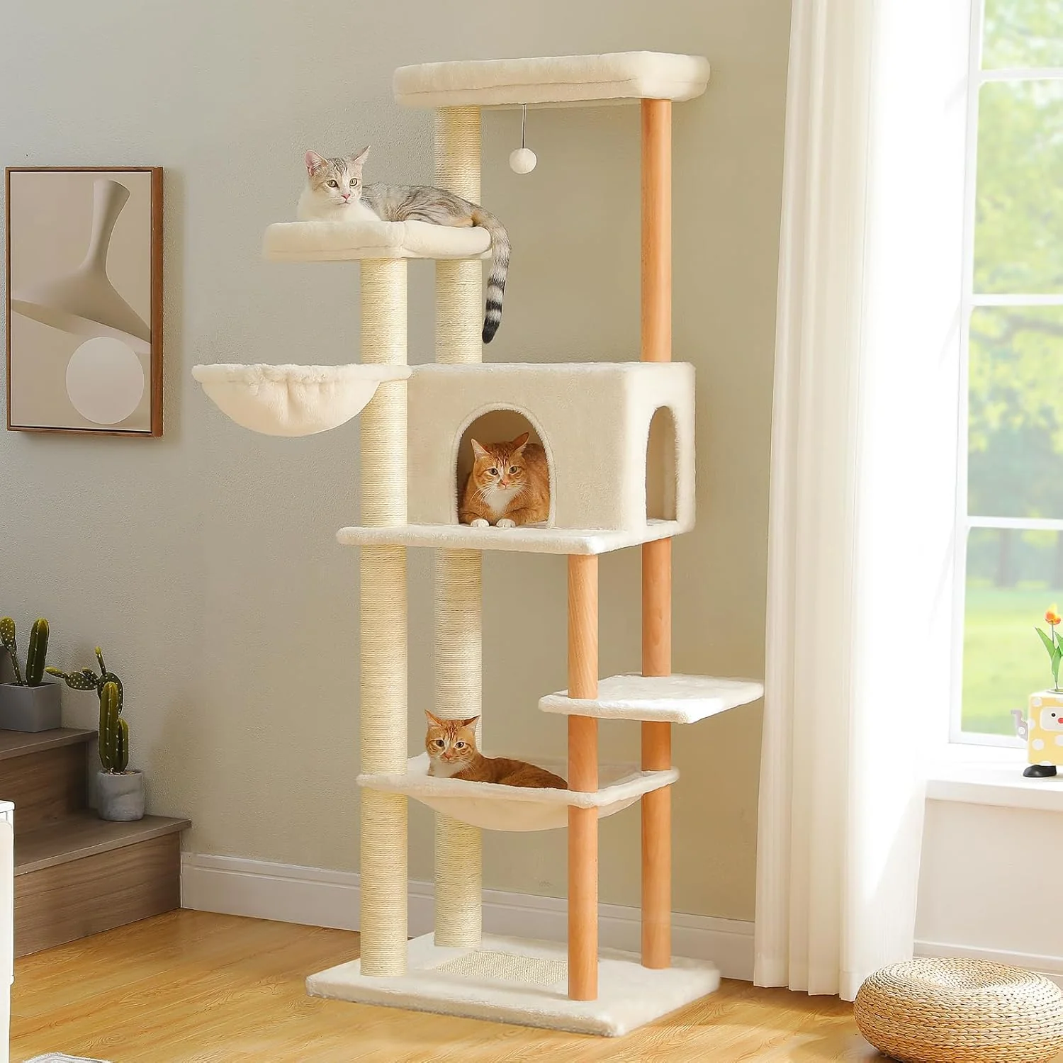 Excellent PAWZ Road Large Cat Tree 73 Inches Tall Wooden Cat Tower with 2 Spacious Hammocks 2 Big Top Beds 8 Fully Scratching Posts and Natural Wood Posts Multi Cat Tree for Indoor Cats Large Adult-XL Dependable