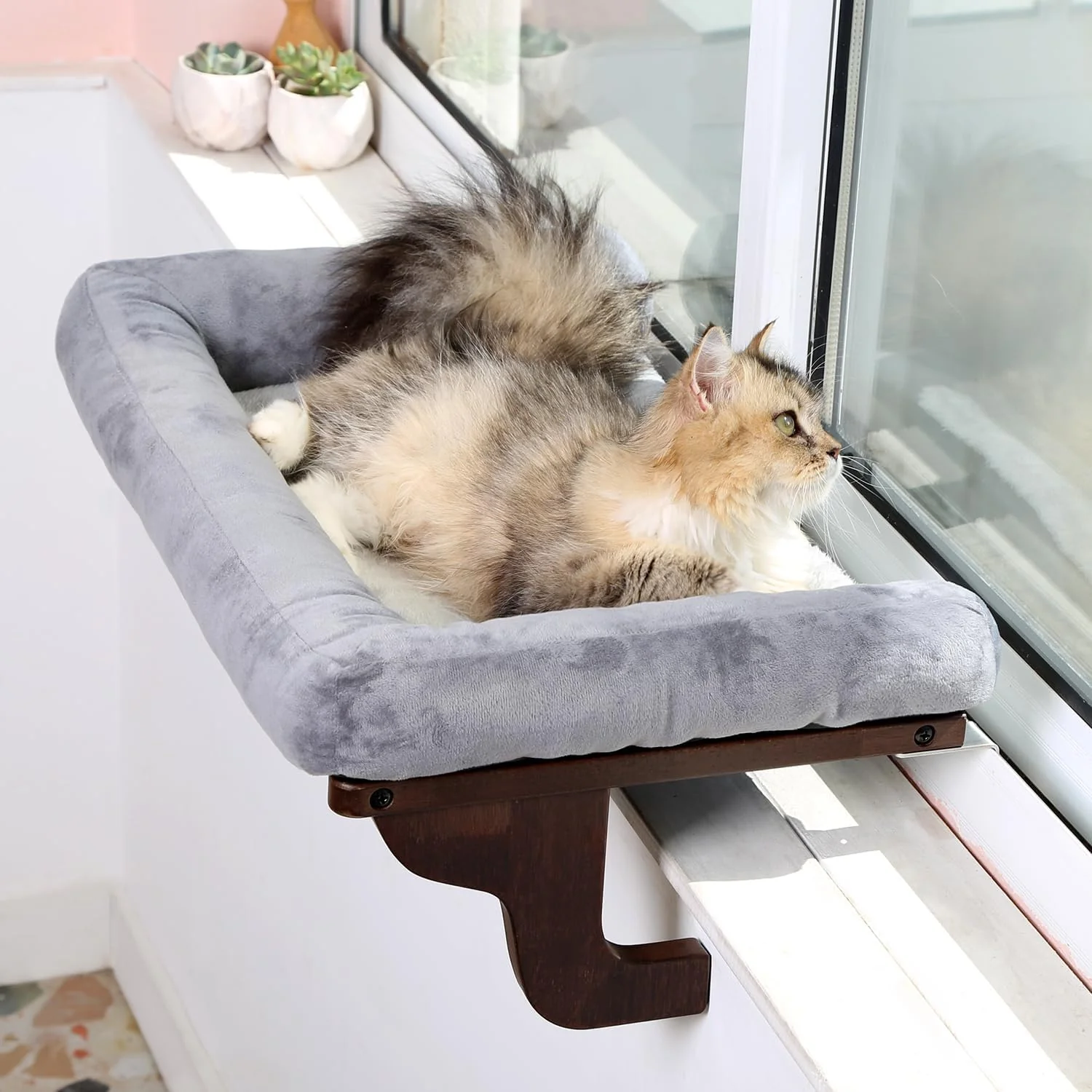 High-End Cat Perch for Window Sill with Bolster - Orthopedic Hammock Design with Premium Hardwood Robust Metal Frame - Cat Window Seat for Large Cats and Kittens - Dark Stained Wood with Gray Bed Trusted