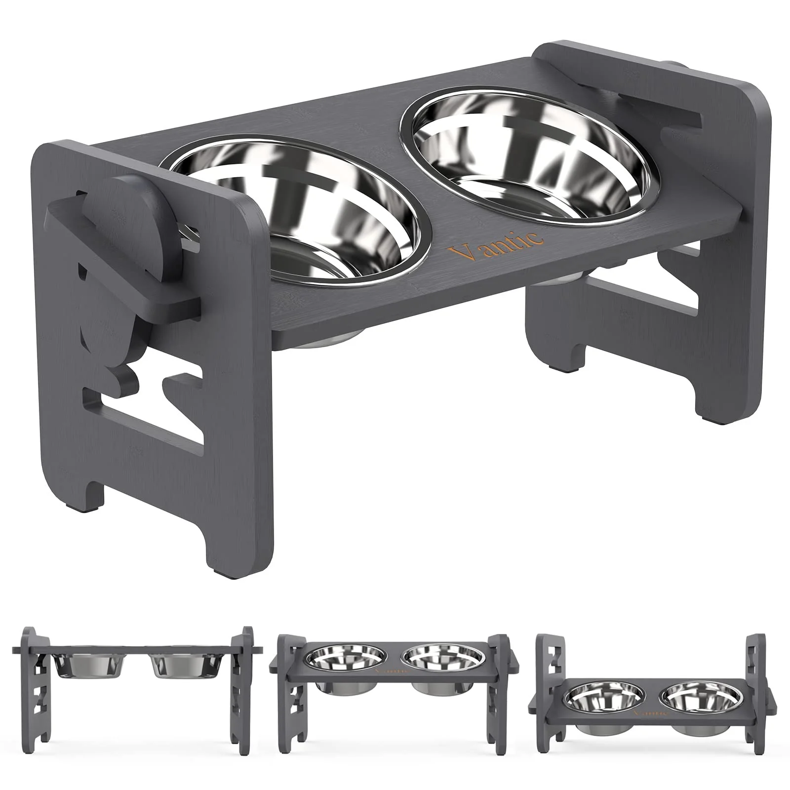 Innovative Vantic d Dog Bowls – Adjustable Height Raised Stand with Bamboo Stainless Steel Dishes Contemporary