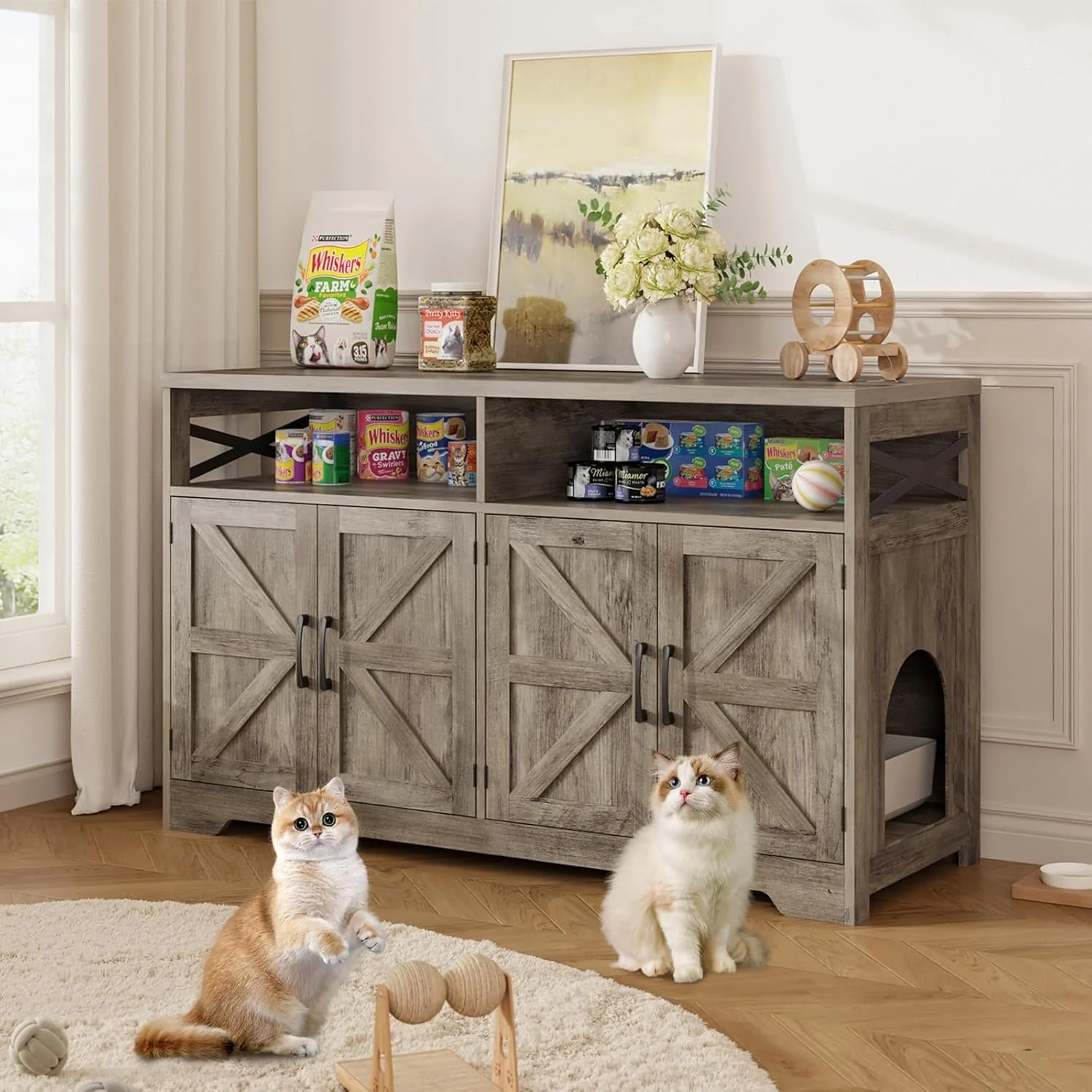 Professional Cat Litter Box Enclosure for 2 Cats 47 Hidden Litter Box Furniture Cat Washroom with Double Large Room Farmhouse Indoor Litter Box Cabinet TV Stand Grey Minimalist