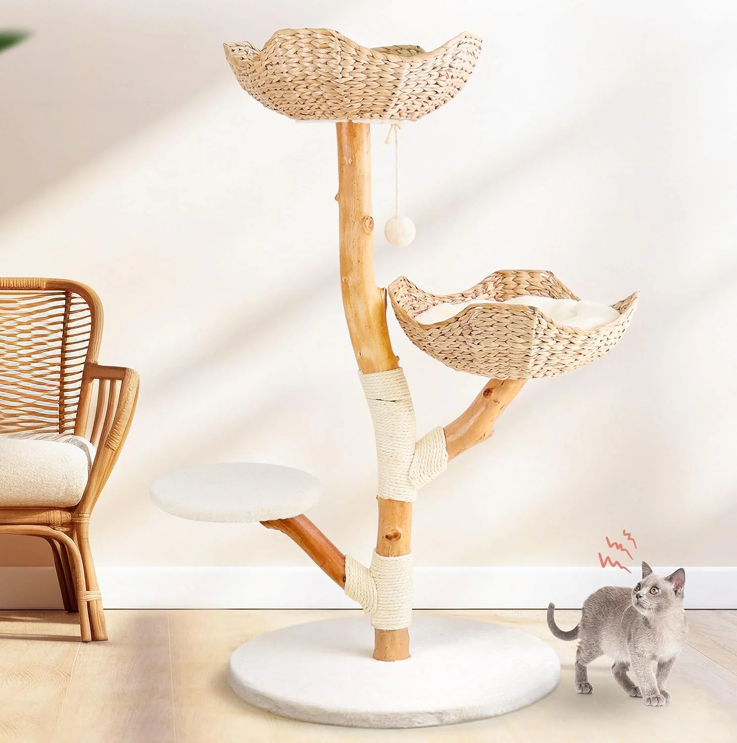 Green Wood Modern Cat Tree Tower Cat Scratching Post with Bed for Indoor Cats Large Adult Solid Wooden Climbing Tower Cute Wicker Condo Aesthetic Stand Boho Luxury Pet Furniture Convenient