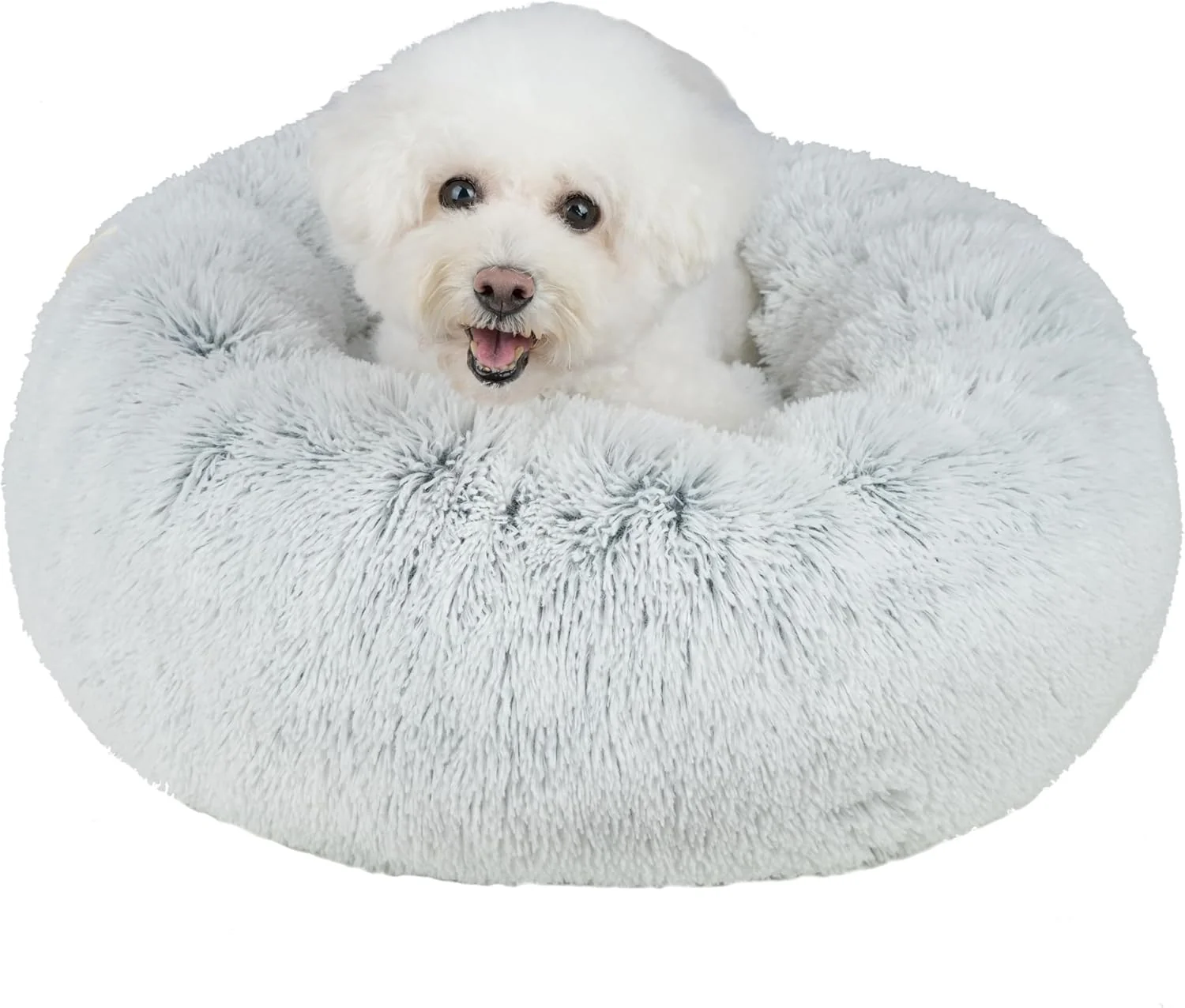 Original Pet Supplies Round Donut Dog Bed with Plush Faux Fur Fabric Calming Anti-Anxiety Cushion for Indoor Pets Slip-Resistant Base Soft Ergonomic Support - Light Warm Gray 24x24x7'' Powerful