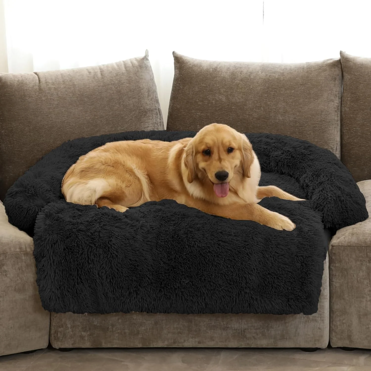 Crafted GGIB Calming Dog Bed Fluffy Plush Dog Mat for Furniture Protector with Removable Washable Cover for Large Medium Small Dogs and Cats Extra Large 53x39.3x6 Black Natural