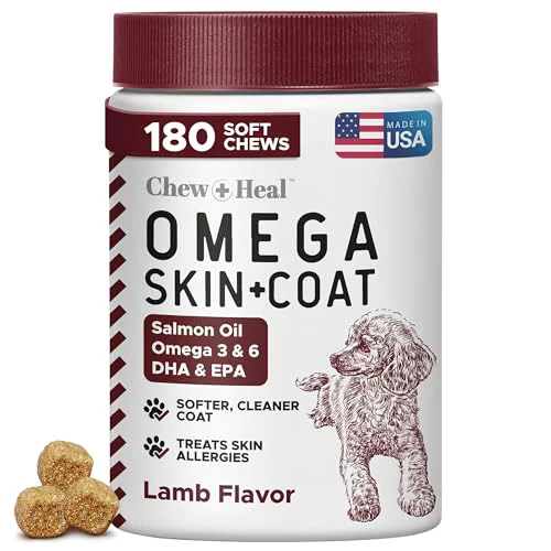 Chew Heal Labs Salmon Oil for Dogs – Soft Omega Treats 180 Chews Lamb – USA Made Eco-Friendly