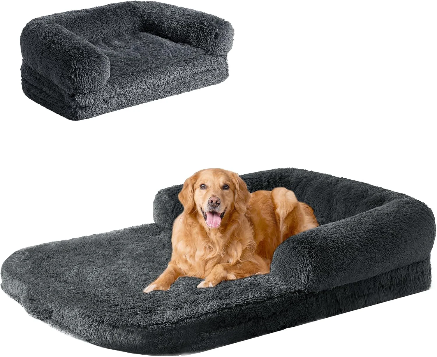 Luxury EHEYCIGA Human Dog Bed for Kids Foldable XXL Dog Bed Faux Fur Fluffy Pet Couch Bed Orthopedic Calming Memory Foam Big Pet Bed Washable Pet Sofa Bed with Non-Slip Bottom Dark Grey 54 x38 x7.5 Reusable