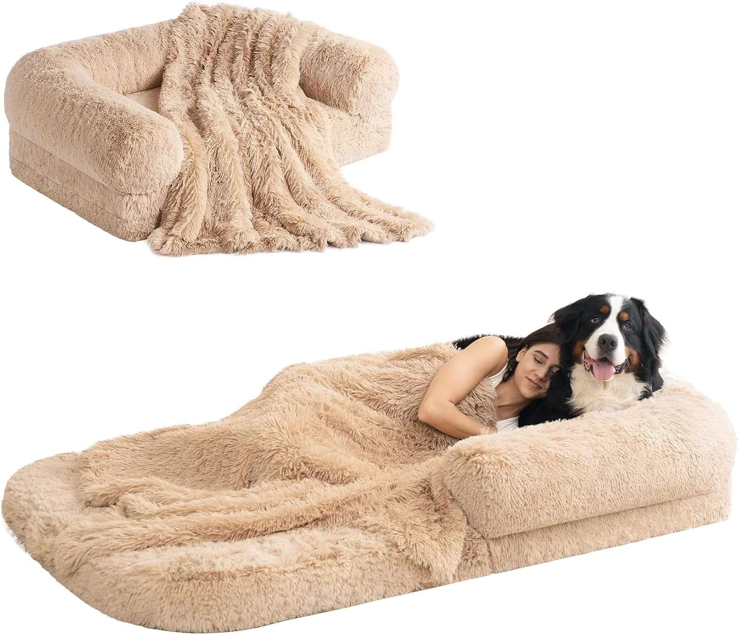 Powerful EHEYCIGA Foldable Human Dog Bed Orthopedic Memory Foam Human Sized Dog Bed Waterproof Pet Bed for People Faux Fur Pet Couch for Adult Camel 72 x44 x11 Advanced