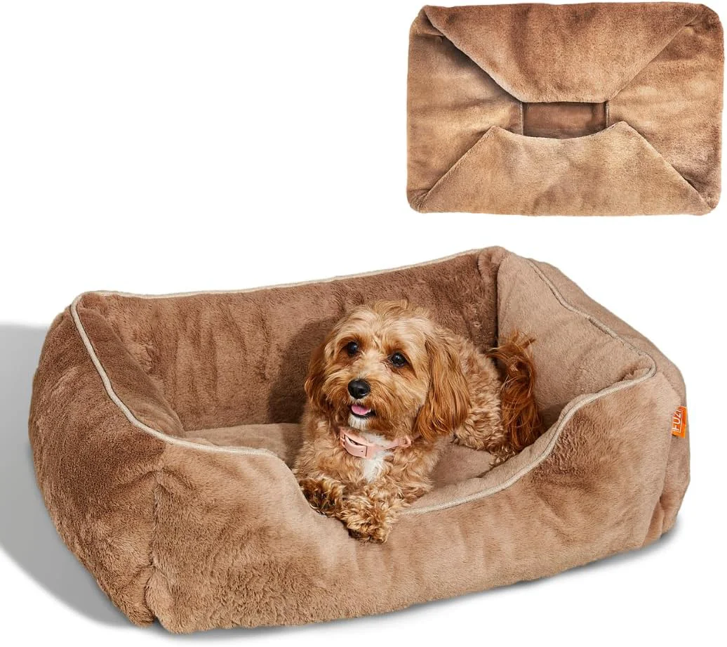 Next-Generation FUZI Luxury Dog Bed with Extra Cover for Small Dogs Washable Pet Couch Pet Bed with Sides Non-Slip Bottom Soft Durable Calming Dog Bed Faux Rabbit Fur Small 25.1x16.75x9.5 Light Brown Carefully Designed