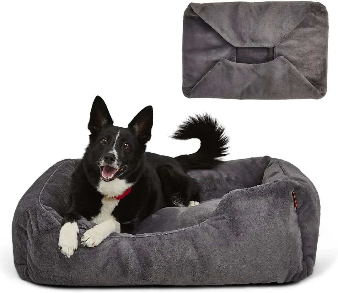 Proven FUZI Luxury Aesthetic Dog Bed with Extra Cover for Medium Dogs Washable Pet Couch Pet Bed with Sides Non-Slip Bottom Soft Durable Calming Dog Bed Faux Fur Medium 31.75x23.6x9.5 Dark Grey Certified