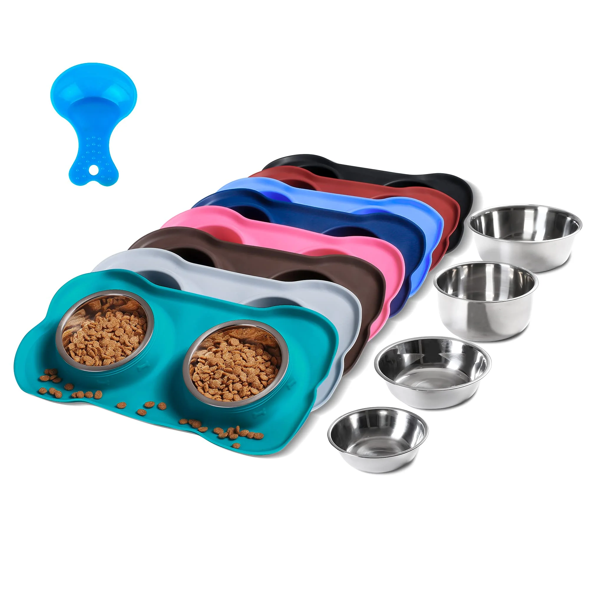 Functional Hubulk Pet Dog Bowls – 2 Stainless Steel No-Spill Bowls with Non-Skid Silicone Mat Scoop Extra Large Green Relaxed