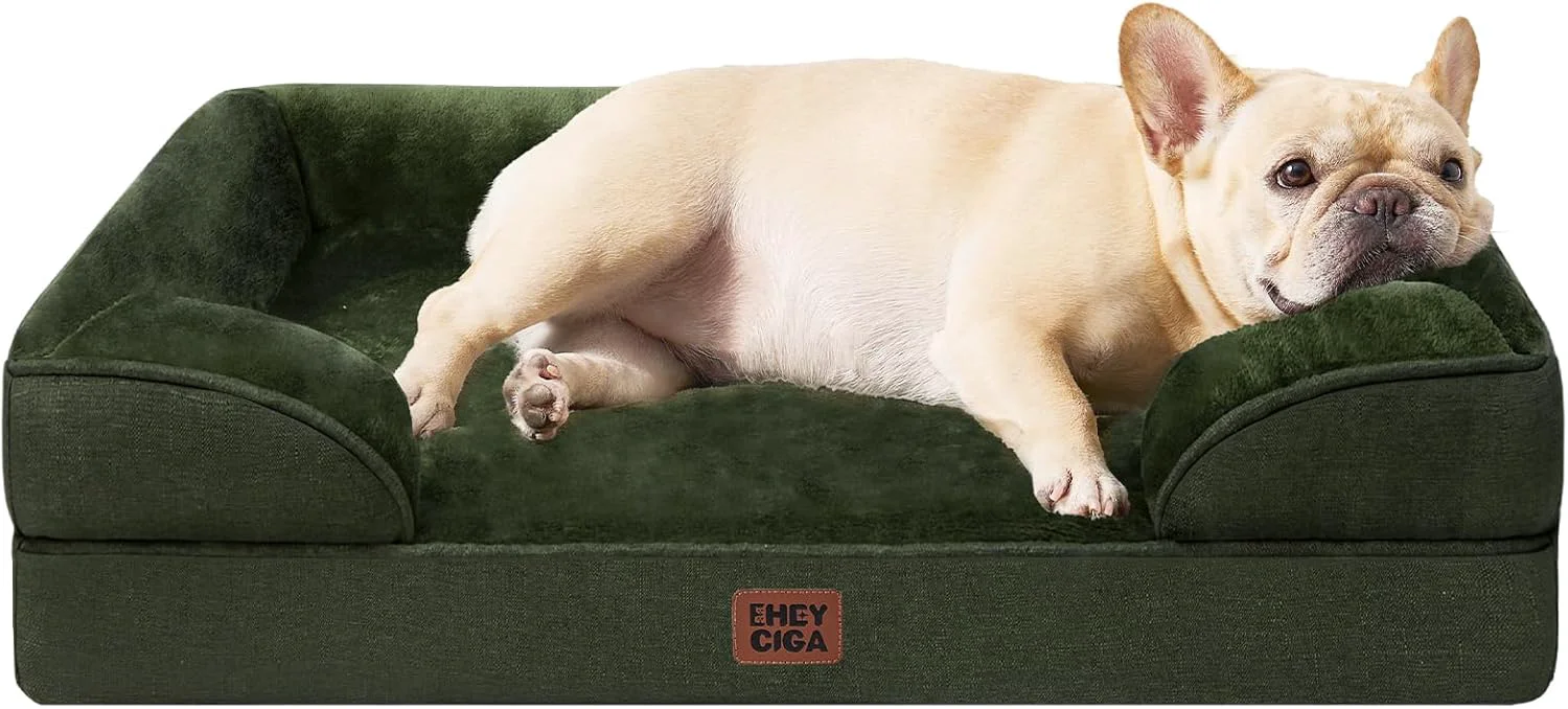 Refined EHEYCIGA Orthopedic Dog Bed for Small Dogs Waterproof Memory Foam Small Dog Beds with Sides Non-Slip Bottom and Egg-Crate Foam Medium Pet Couch Bed with Washable Removable Cover Dark Green Advanced