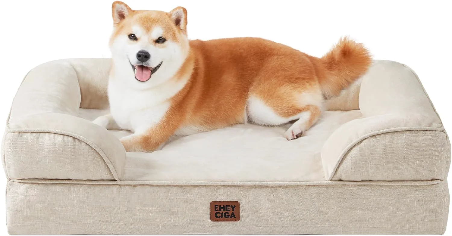 Powerful EHEYCIGA Orthopedic Dog Beds for Large Dogs Waterproof Memory Foam Large Pet Bed with Sides Non-Slip Bottom and Egg-Crate Foam Dog Couch Bed with Washable Removable Cover Beige Consistent