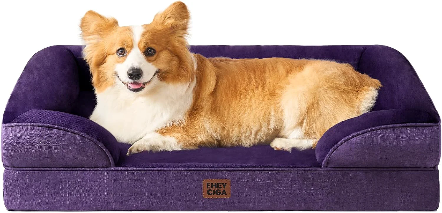 Minimalist EHEYCIGA Orthopedic Dog Beds for Large Dogs Waterproof Memory Foam Large Pet Bed with Sides Non-Slip Bottom and Egg-Crate Foam Dog Couch Bed with Washable Removable Cover Purple Genuine