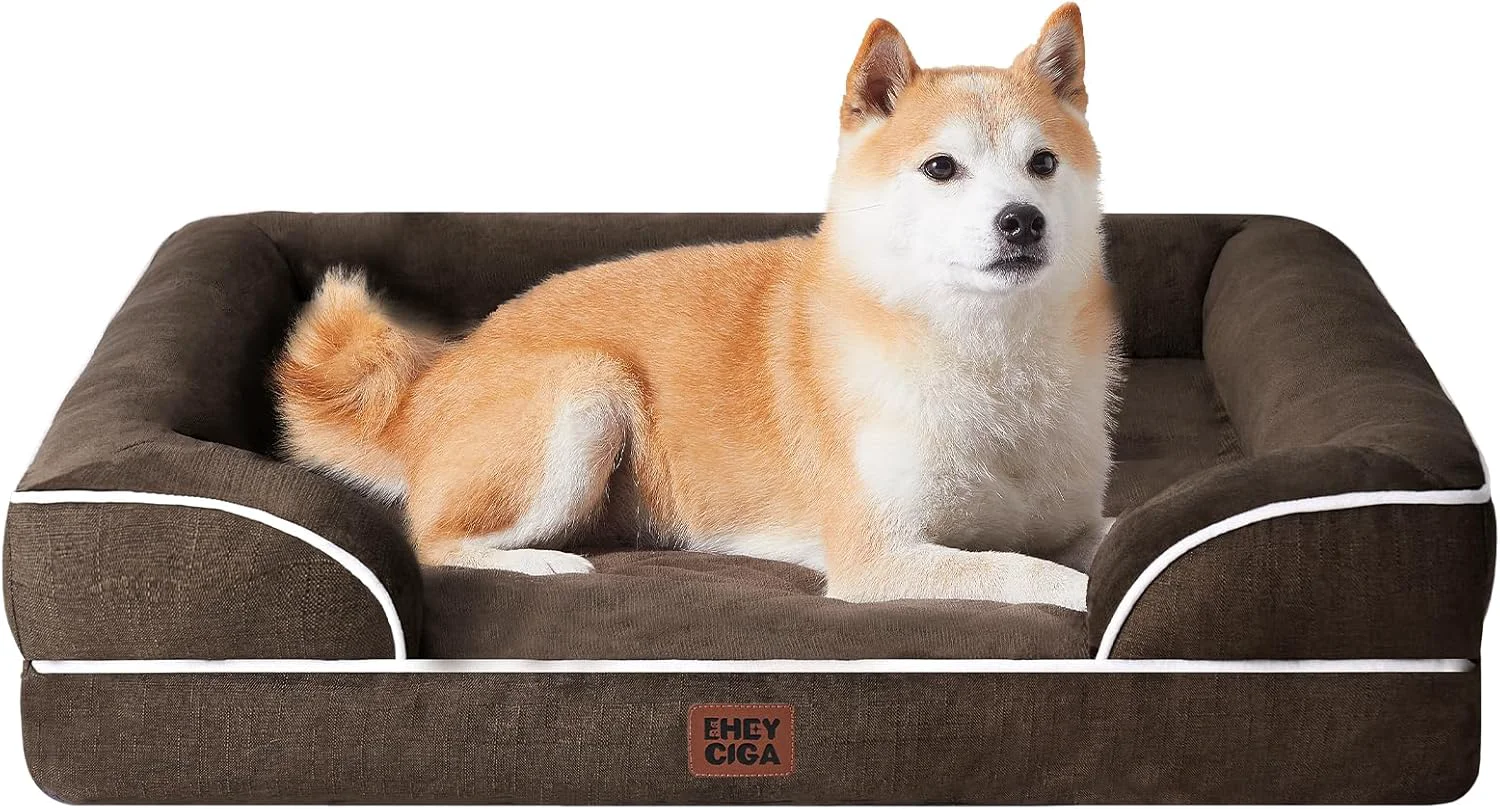 Durable EHEYCIGA Orthopedic Dog Beds for Large Dogs Waterproof Memory Foam Large Dog Bed with Sides Non-Slip Bottom and Egg-Crate Foam Pet Couch Bed with Washable Removable Cover Brown Quality