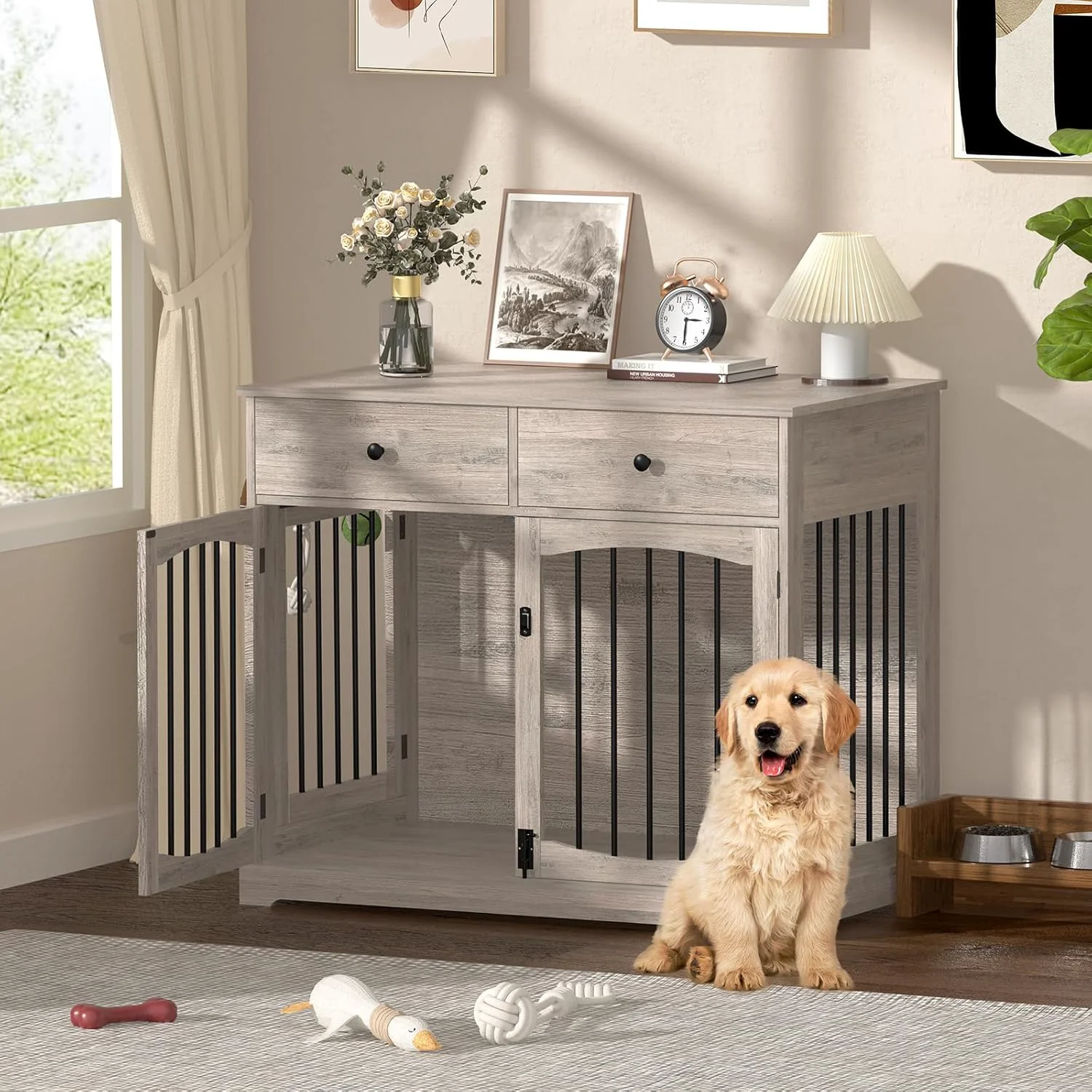 Fast 40 Inch Furniture-Style Dog Crate-Multipurpose Wood Pet Crate Furniture with Double Doors 2 Drawers Decorative Dog House Indoor for Smal Medium Dogs Gray Finish Trusted