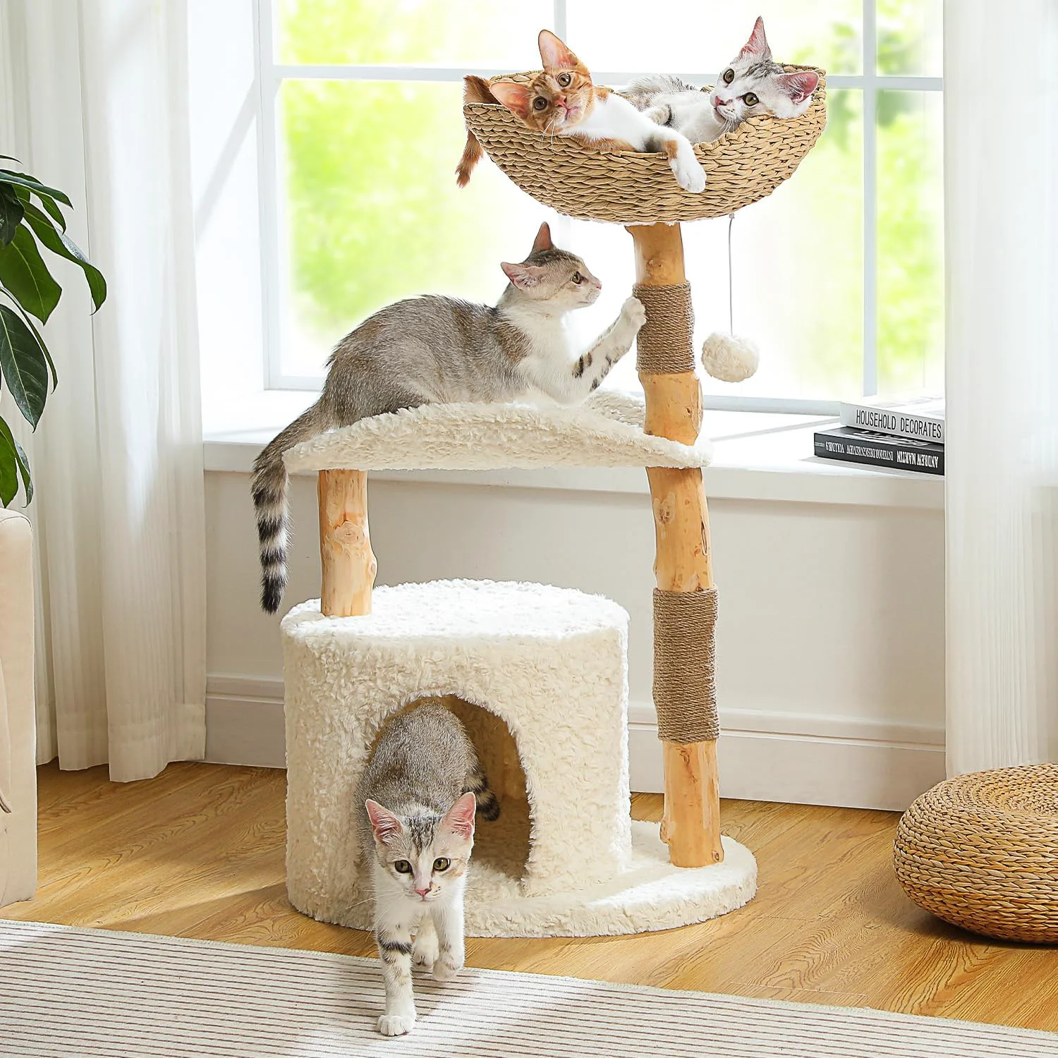 Reusable Modern Cat Tree Tower for Large Cats Wood Cat Tower with Natural Scratching Post Solid Wood Condo Branch Luxury Cat Furniture with Curved Bed Top Basket White Exclusive