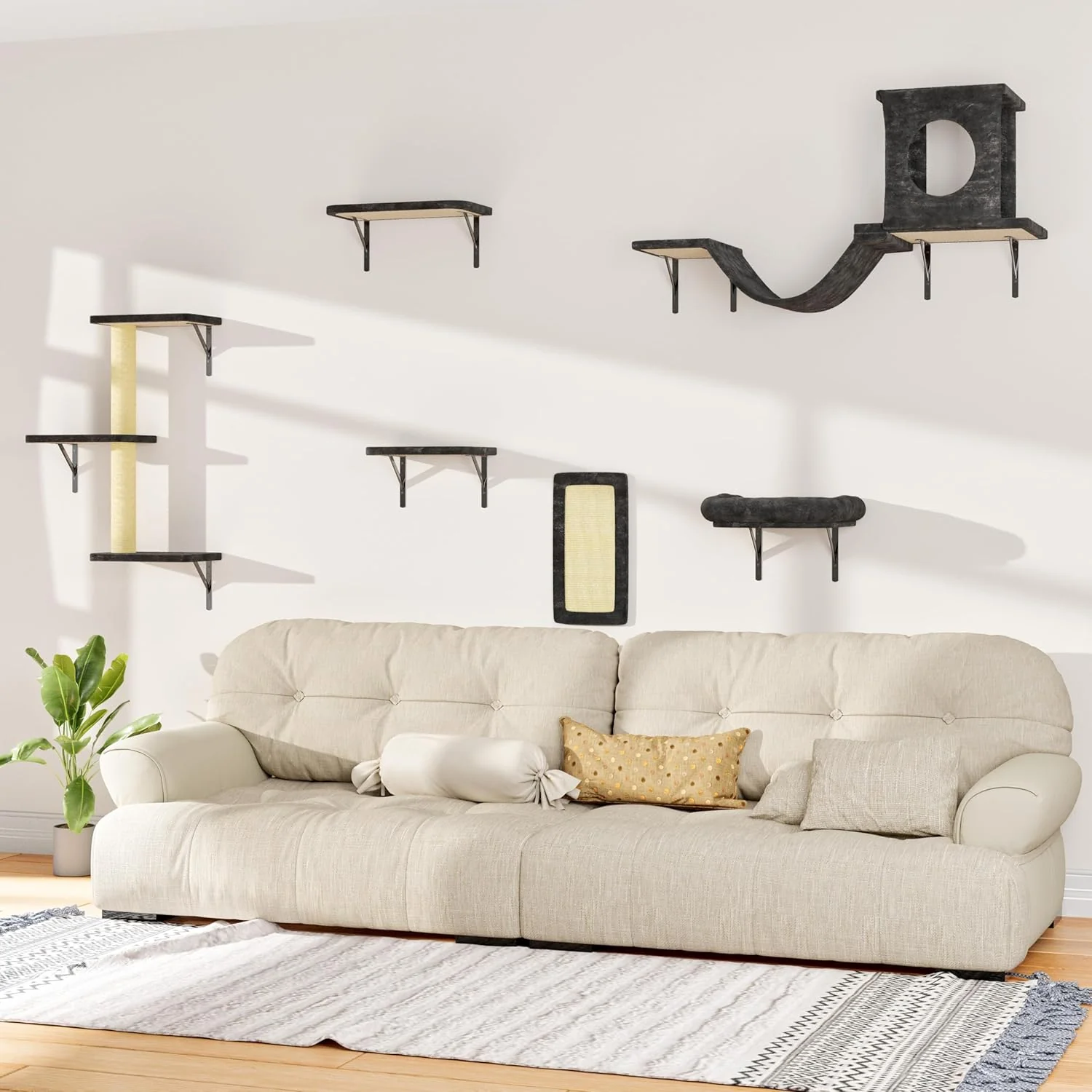 Exceptional NUNU LAB Wall Mounted Cat Furniture 6 Pcs Cat Wall Shelves with Condo House Bridge Steps Scratcher Hammock Indoor Safe Stable Furniture for Kittens Play Dark Gray First-Class