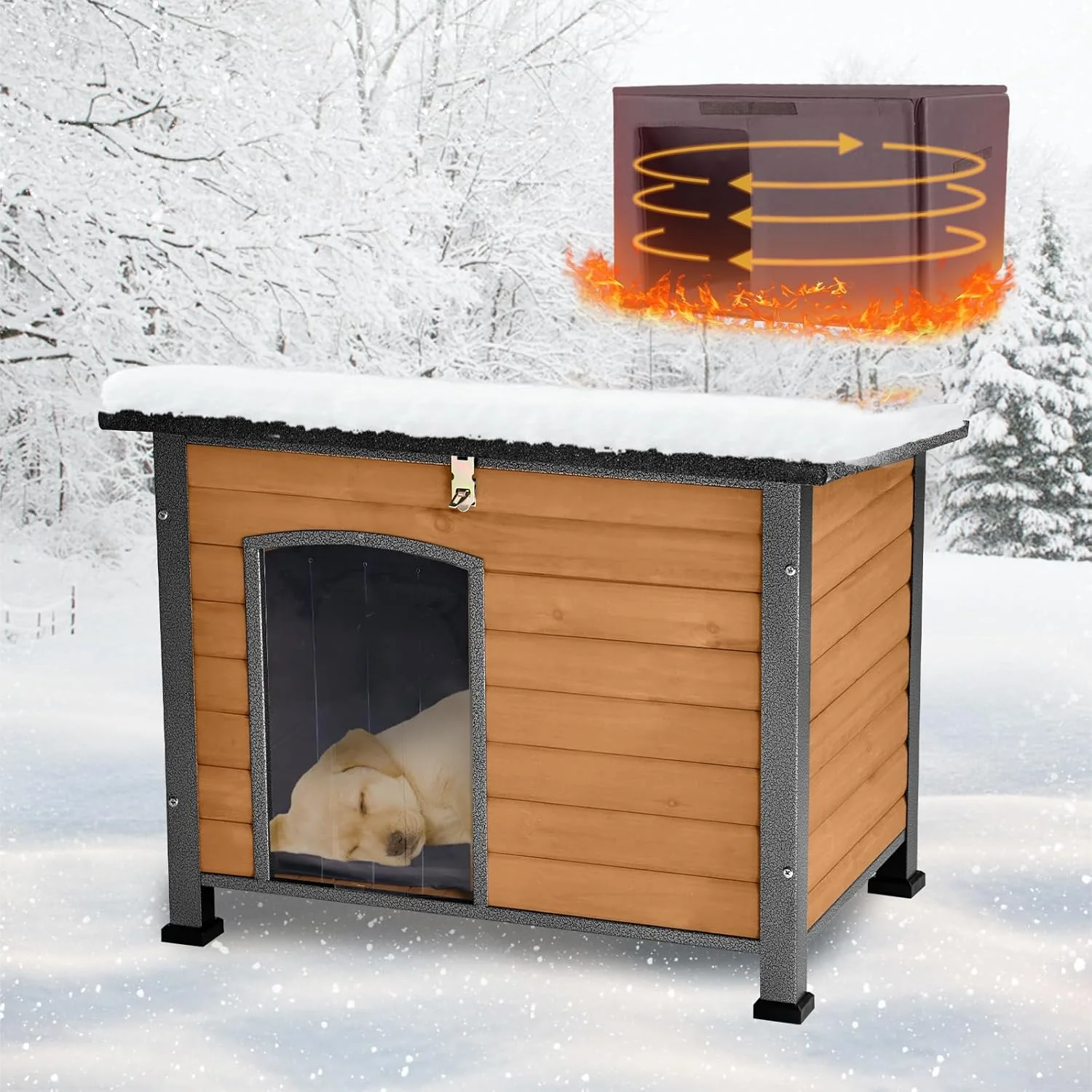 Proven Feral Dog House Outdoor Anti Bite Iron Frame Dog Kennel Wood Warm Pets Home Insulated Weatherproof Outside Shelter for Feral Animal 33.5 L ×22 W ×25.2 H -Brown-in Premium