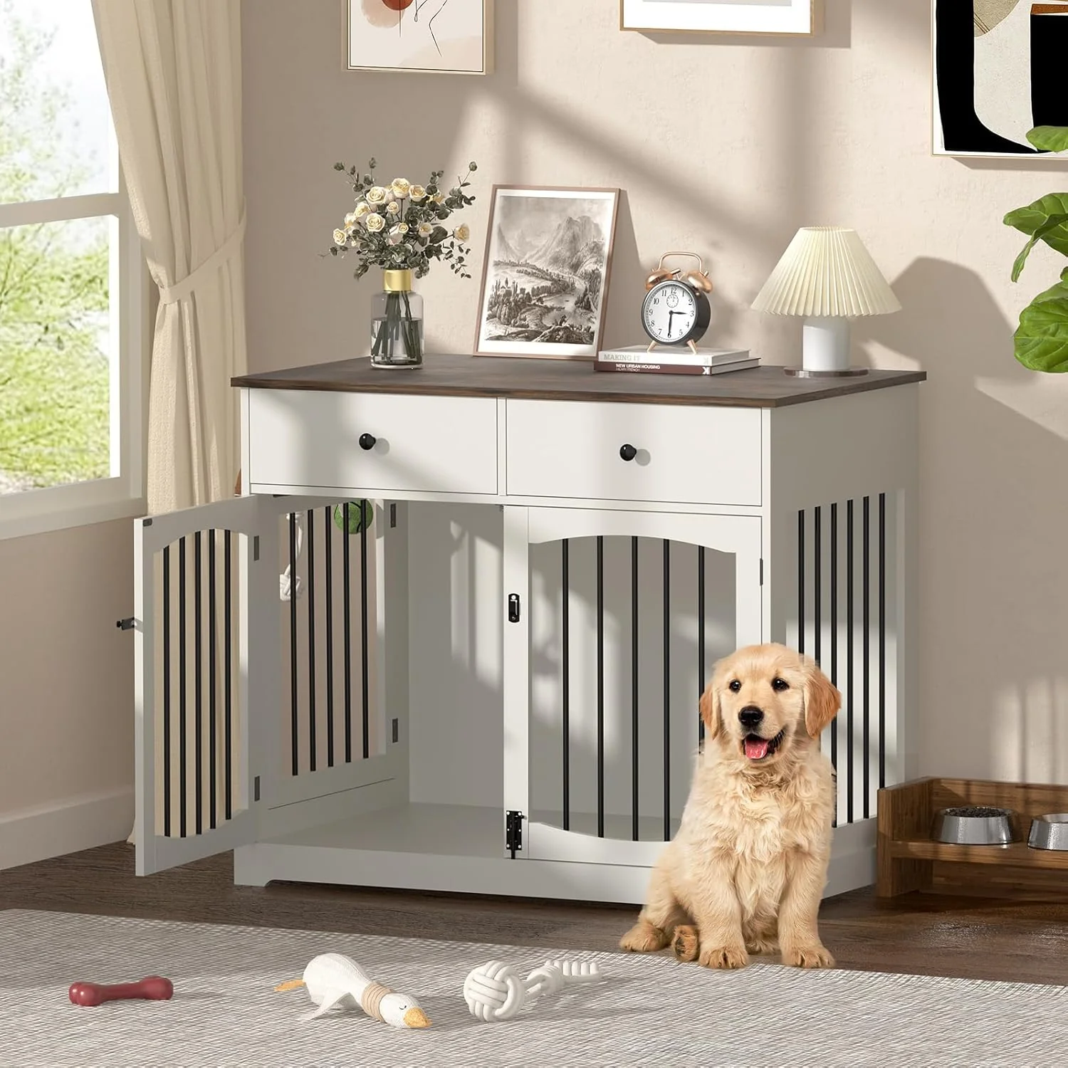 Secure 40 Inch Furniture-Style Dog Crate-Multipurpose Wood Pet Crate Furniture with Double Doors 2 Drawers Decorative Dog House Indoor for Smal Medium Dogs White Finish Pure