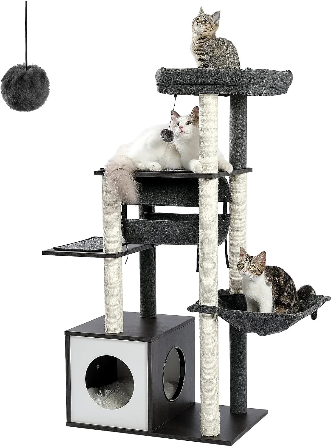 Reliable PEQULTI 51.4 Inches Modern Cat Tree Premium 6 Levels Wooden Cat Tower with Fully Sisal Covered Scratching Posts Cozy Condo Spacious Perch Super Large Hammock and Swing Tunnel for Indoor Cats Gray Genuine