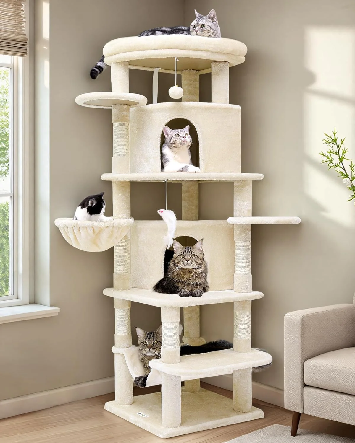 Natural Globlazer Corner Cat Tree for Large Cats 66inch Tall Curved Series Large Cat Tower for Multiple Indoor Cats with 6 Scratching Posts 2 Spacious Cat Condos Hammock Hanging Basket C66 Beige Top-Quality