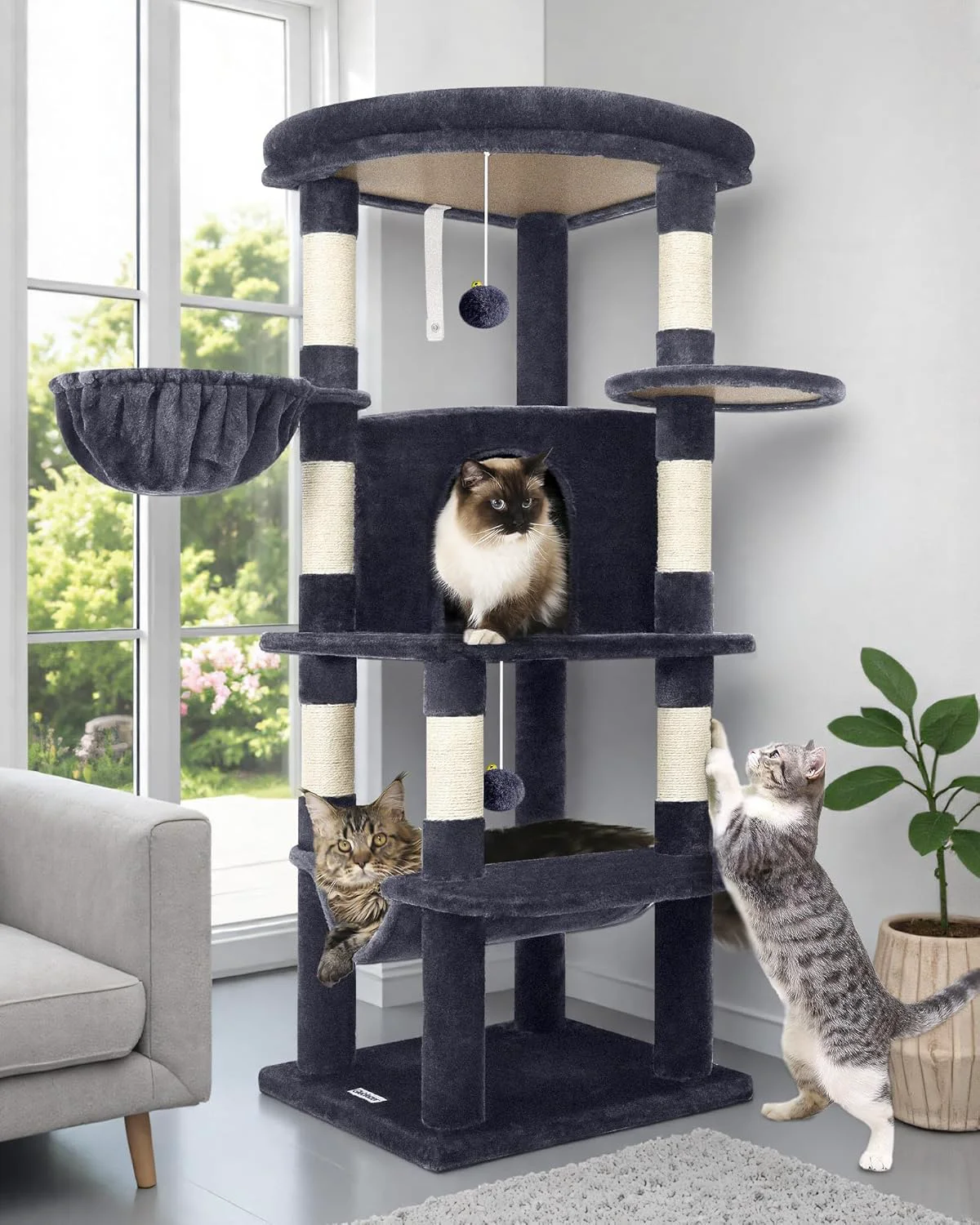 Enhanced Globlazer Corner Cat Tree Tower for Indoor Cats 51in Multi-Level Cat Condo Tower with Large Hammock 7 Sisal Scratching Posts Oversized Top Perch Spacious Cat Cave Hanging Basket C51 Dark Grey Original Design