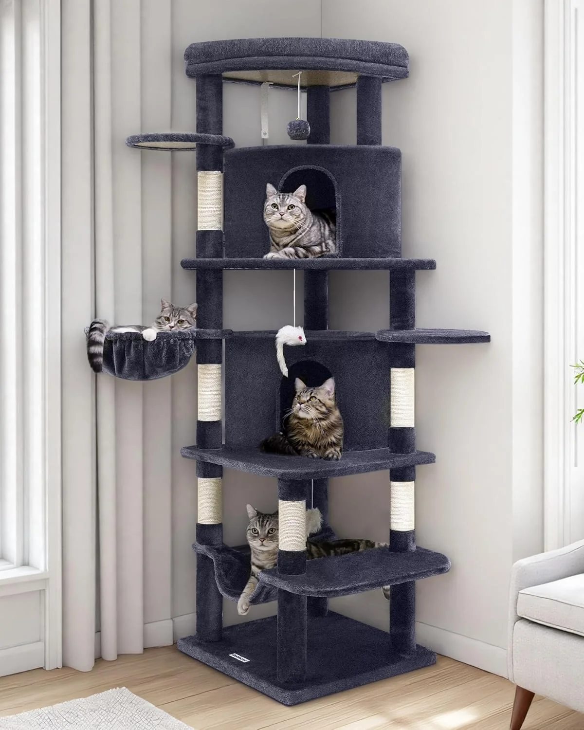 Lightweight Globlazer Corner Cat Tree for Large Cats 66inch Tall Curved Series Large Cat Tower for Multiple Indoor Cats with 6 Scratching Posts 2 Spacious Cat Condos Hammock Hanging Basket C66 Dark Grey Elegant