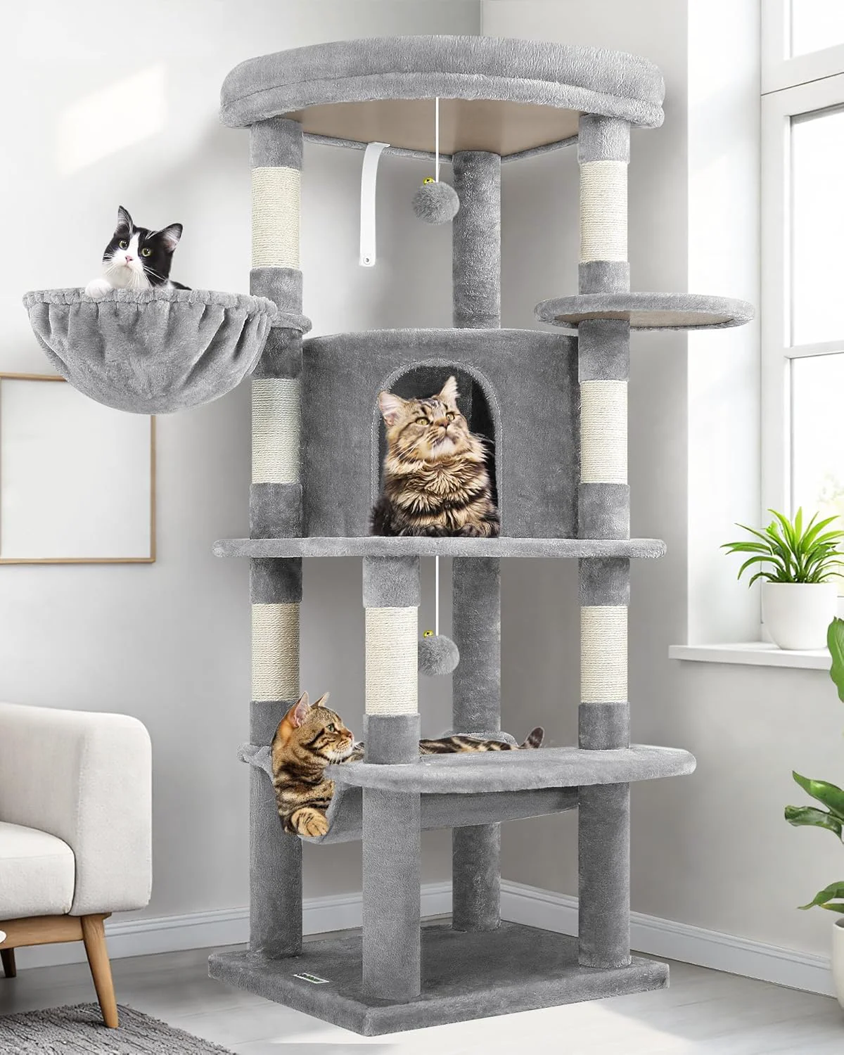 High-Performance Globlazer Corner Cat Tree Tower for Indoor Cats 51in Multi-Level Cat Condo Tower with Large Hammock 7 Sisal Scratching Posts Oversized Top Perch Spacious Cat Cave Hanging Basket C51 Light Gray Relaxed