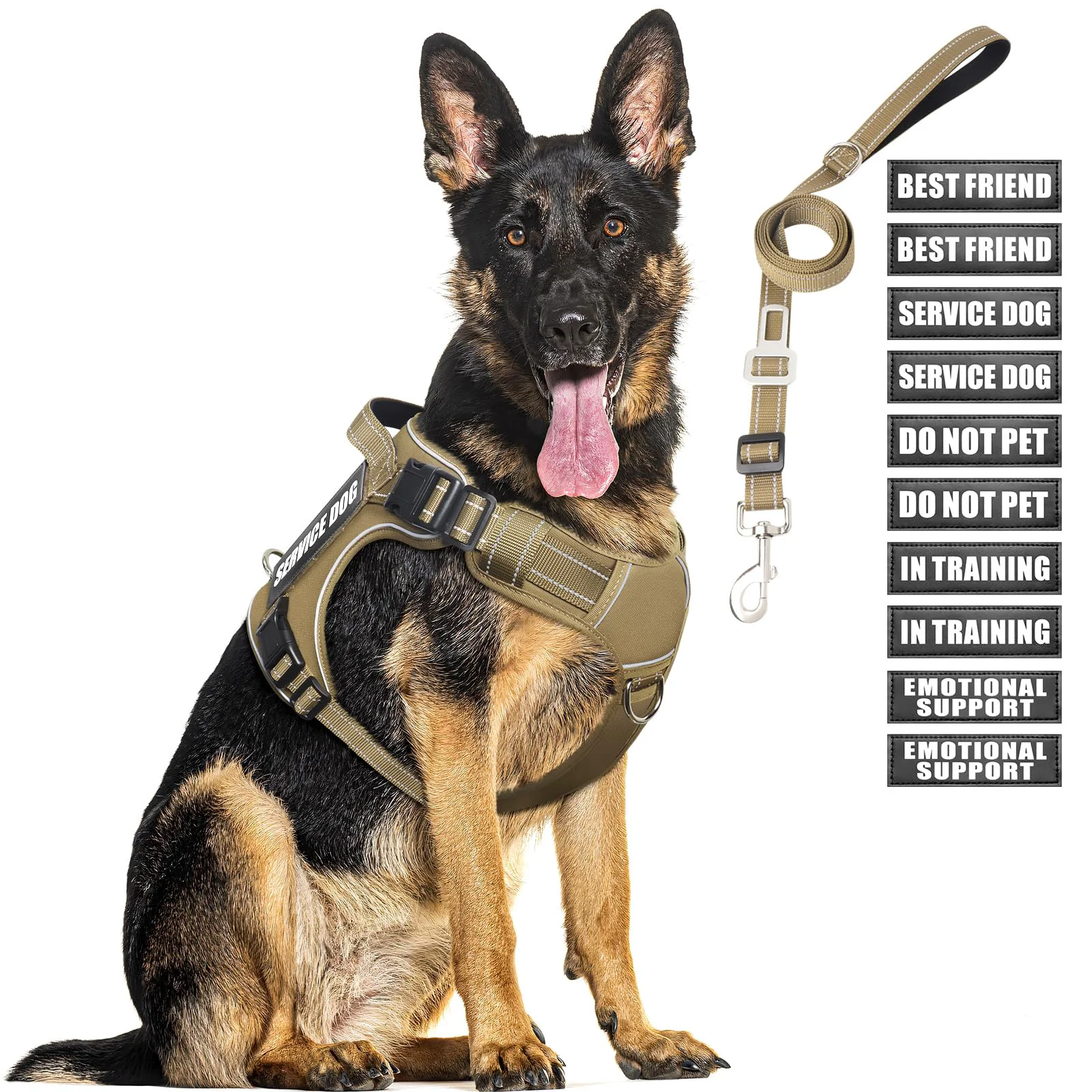 Smooth MOOGROU Tactical Dog Harness Leash Set for Large Dogs — Heavy-Duty No-Pull Vest with Patches Reflective XL Green