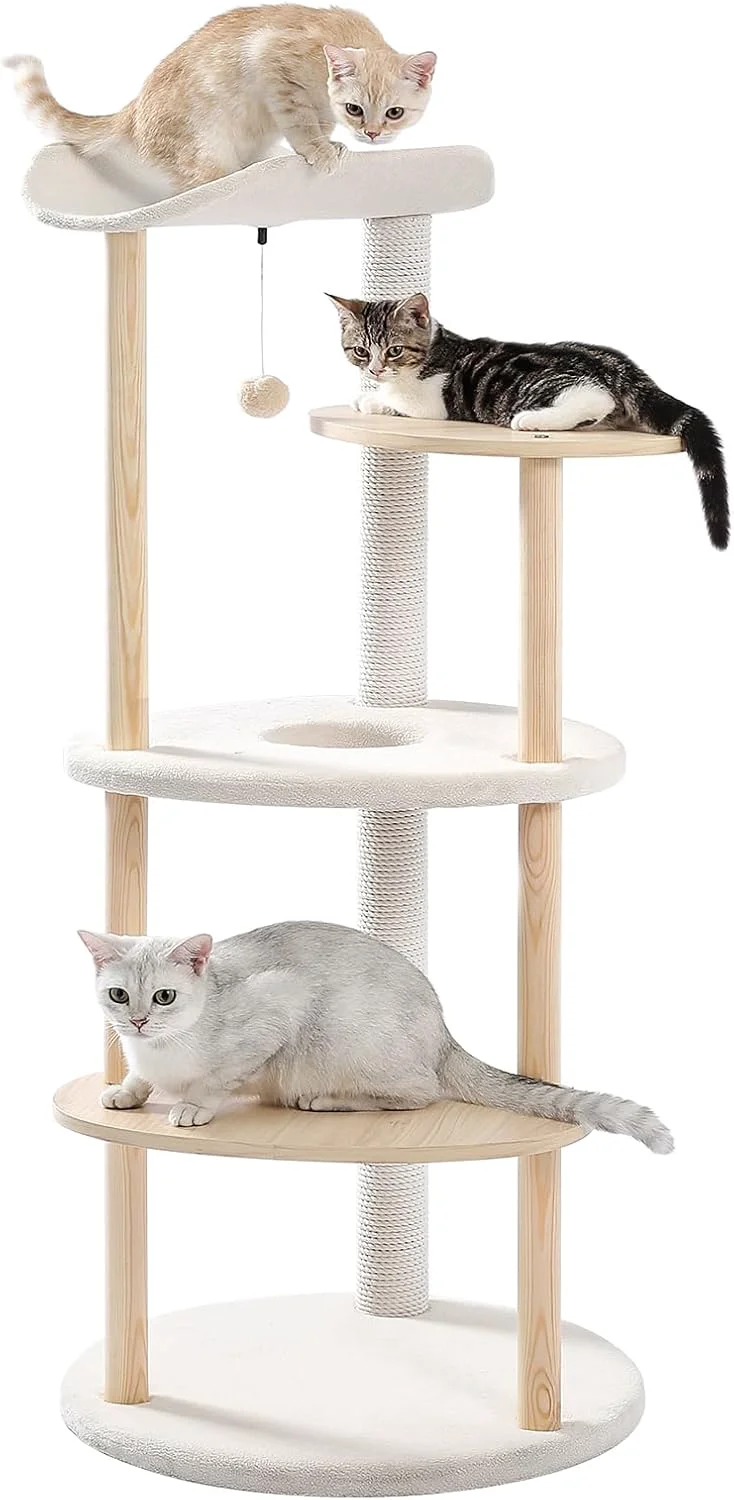 Outstanding PETEPELA Wood Cat Tree Tower for Indoor Cats 5-Level Cat Climbing Tree Cat Play House with Sisal Scratching Posts Beige Flexible