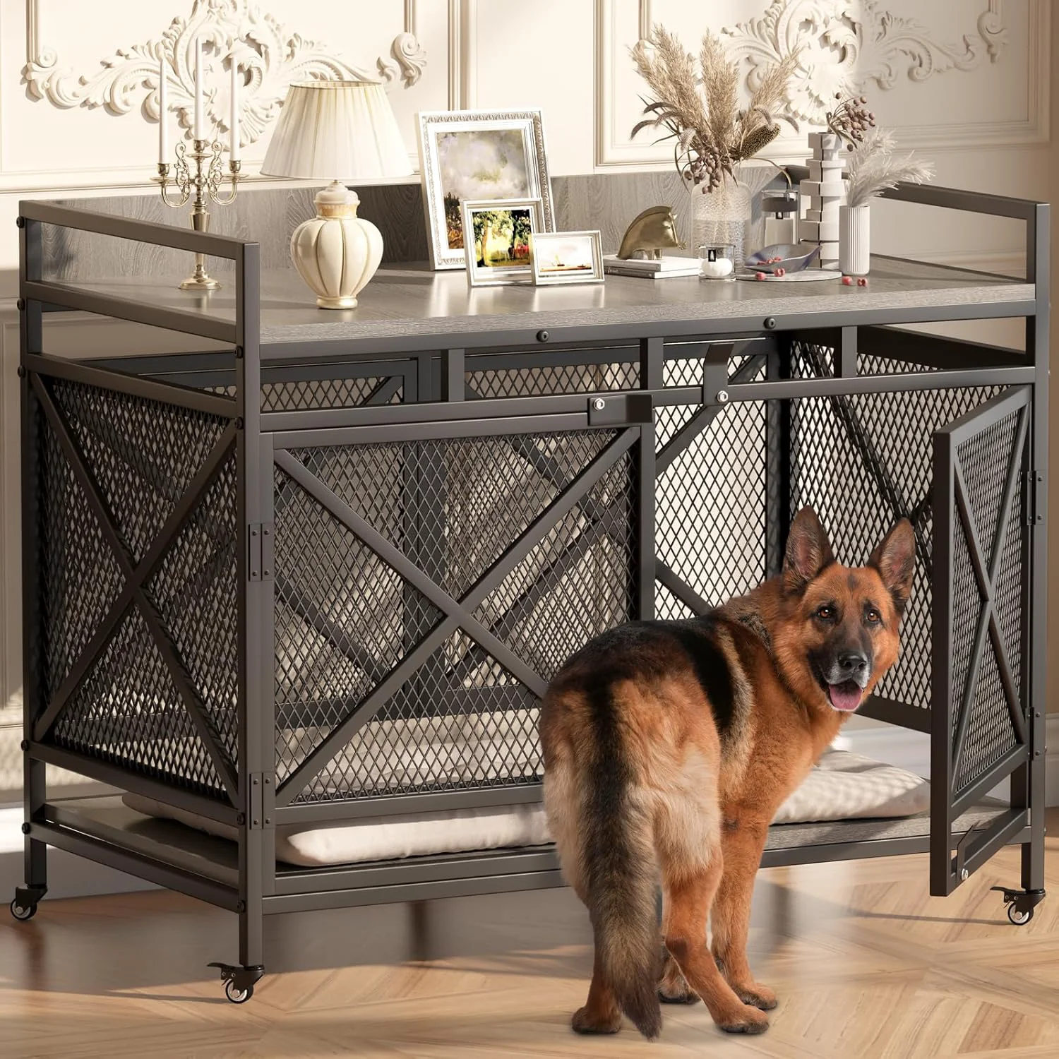Next-Generation COZPAW Large Dog Crate Furniture 48 Inch Wooden Dog Kennel for XLarge Dogs Heavy Duty Dogs Furniture Indoor Wire Dog Cage with Caster Wheels Decorative Pet House End Table Textured Gray Solid