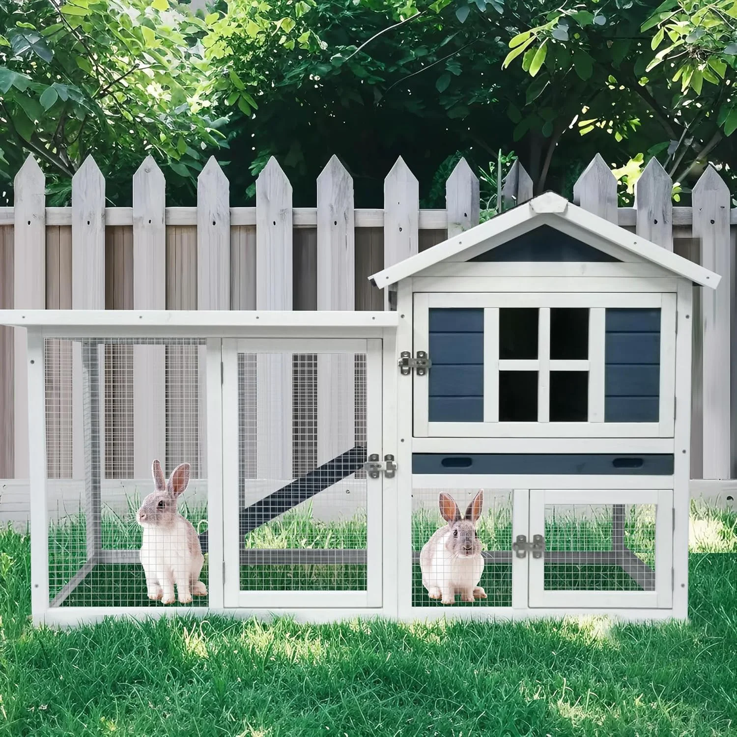 High-Performance GARWOOD Large Outdoor Indoor Rabbit Hutch Wooden Bunny Rabbit Cage 2-Story with Run No-Leak Pull-Out Tray Waterproof Asphalt Roof Ramp for Guinea Pig Small Animal Wood Pet House Home Blue White Effective