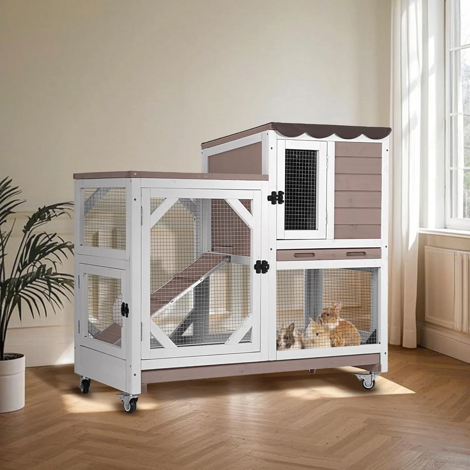 Refined Rabbit Hutch Indoor for 2-4 Rabbits Guinea Pigs，Bunny Cage with Slide-Out Plastic Trays，Wooden Small Animal Cage for Rabbits Bunnies and Guinea Pigs Stylish