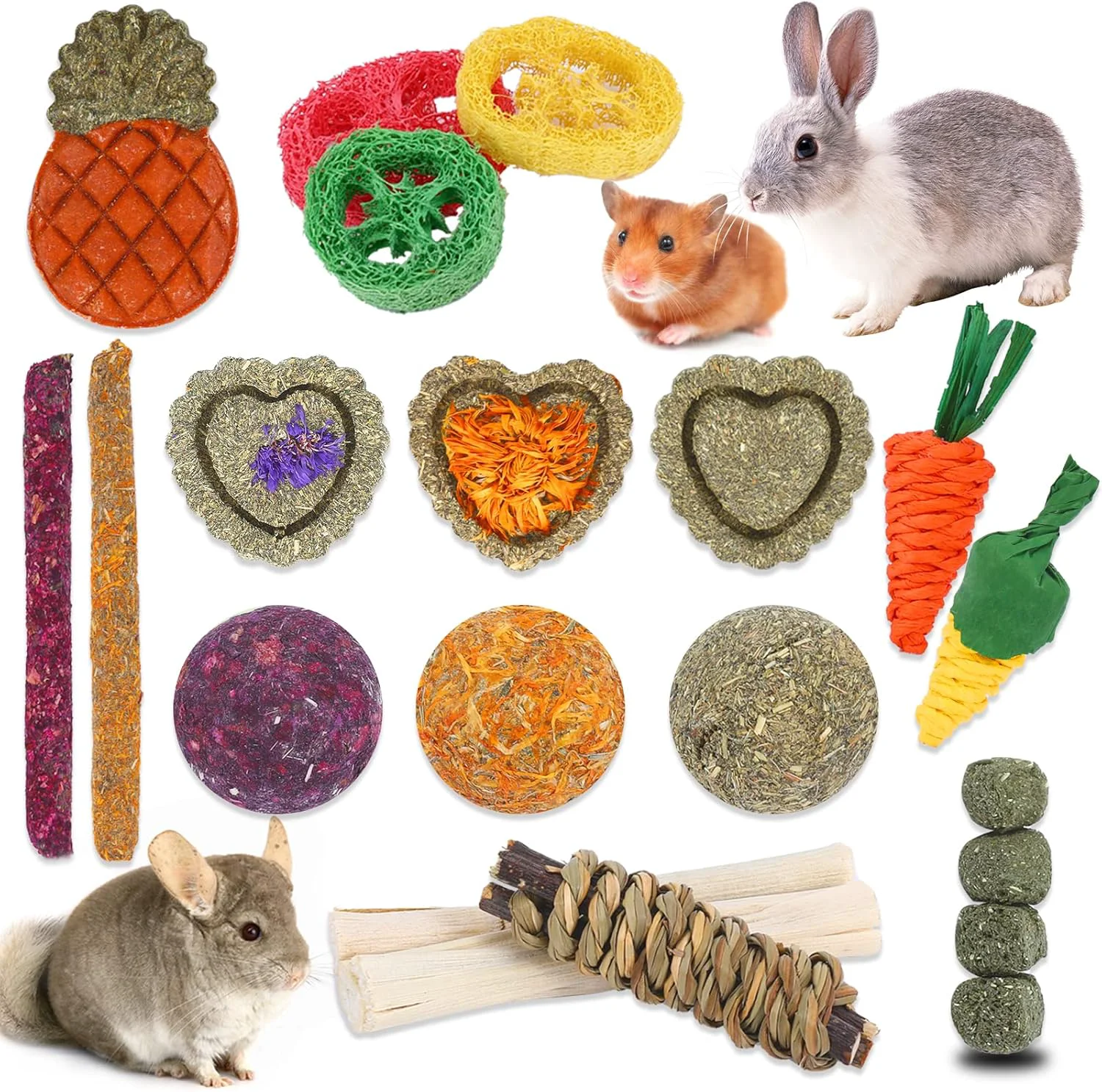 Pure VESPRO Bunny Toys 21PCS Rabbit Chew Toys for Teeth Guinea Pig Natural Treats Timothy Hay Sticks for Chinchillas Hamsters Rats Small Animals Teeth Grinding Breathable