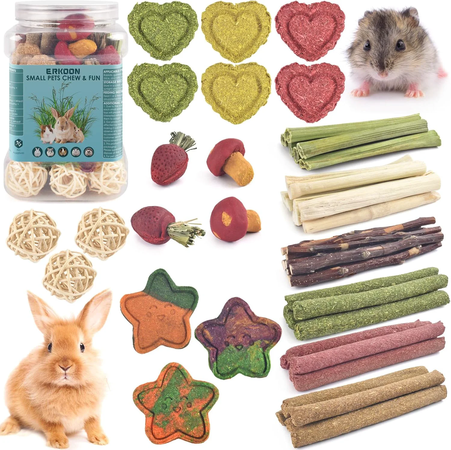 Long-Lasting ERKOON 53 Bunny Chew Toys for Rabbits Teeth Natural Rabbit Toys Apple Wood Sticks Carrot Timothy Grass for Small Pets Hamster Chinchilla Guinea Pig Dental Care and Treat Teething 53 Traditional