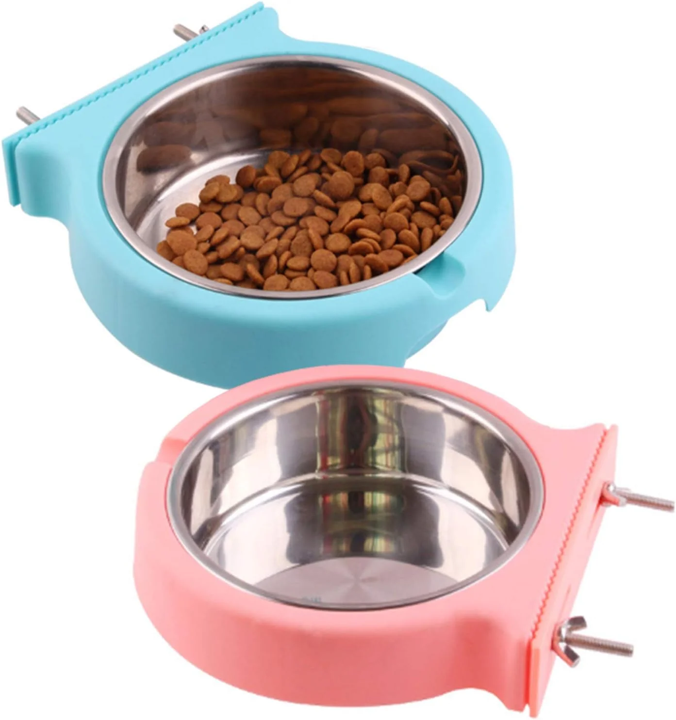 Next-Generation kathson Crate Dog Bowl Removable Stainless Steel Hanging Pet Cage Bowl Food Water Feeder Coop Cup for Cat Puppy Birds Rats Guinea Pigs 2pcs Pink Blue Smooth