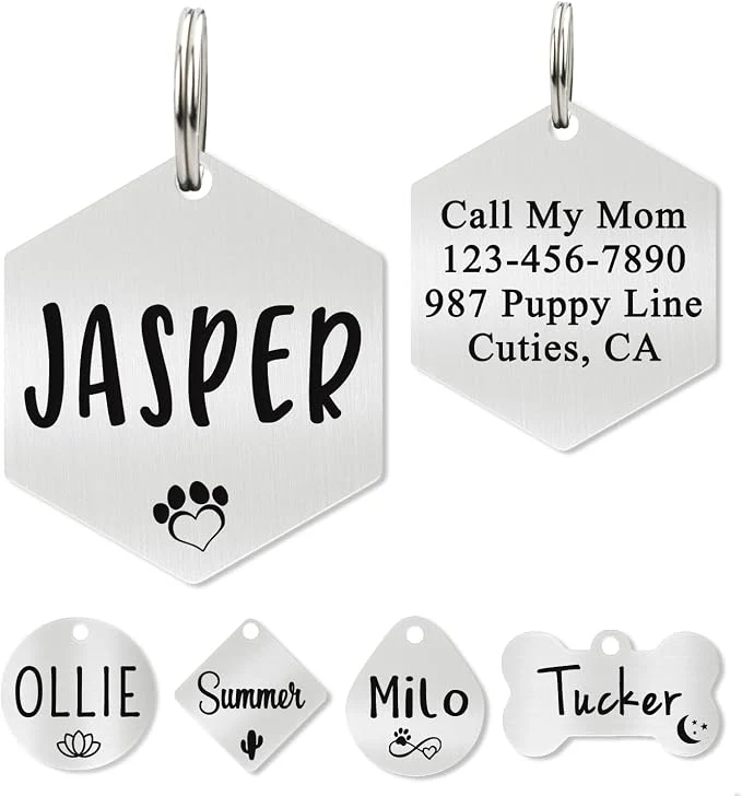 Detailed Ultra Joys Custom Personalized Hexagon Dog ID Tag Recyclable