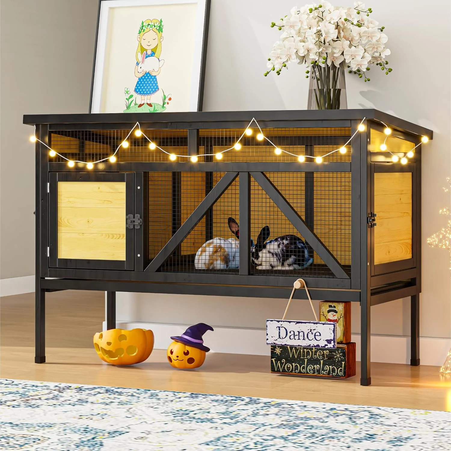 Fashionable 46.7 Rabbit Cage d Bunny Cage Indoor Outdoor Rabbit Hutch Hamster Cages for Small Animals Wooden Guinea Pig Cages with Removable Tray Waterproof Asphalt Roof Bottom Wire Mesh Natural