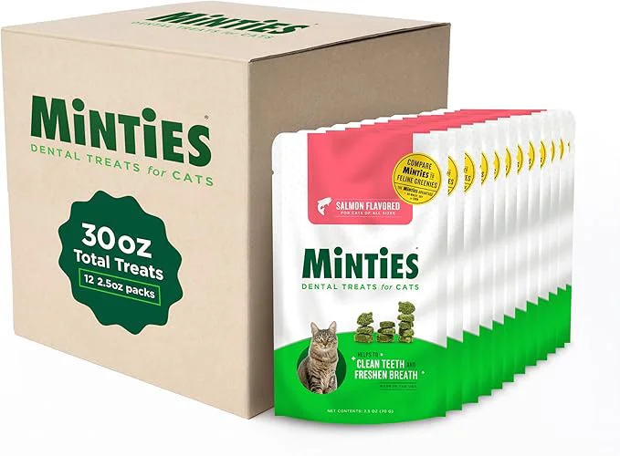 Premium Material Minties Dental Treats for Cats Salmon Flavored Treats for Cats Freshens Breath and Controls Tartar 30oz 12 2.5oz Bags About This Reusable