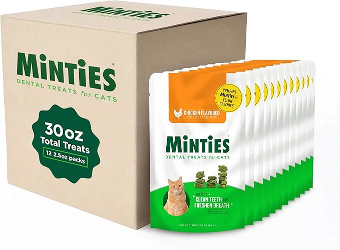 Fast Minties Dental Treats for Cats Chicken Flavored Treats for Cats Freshens Breath and Controls Tartar 30oz 12 2.5oz Bags About This Stylish