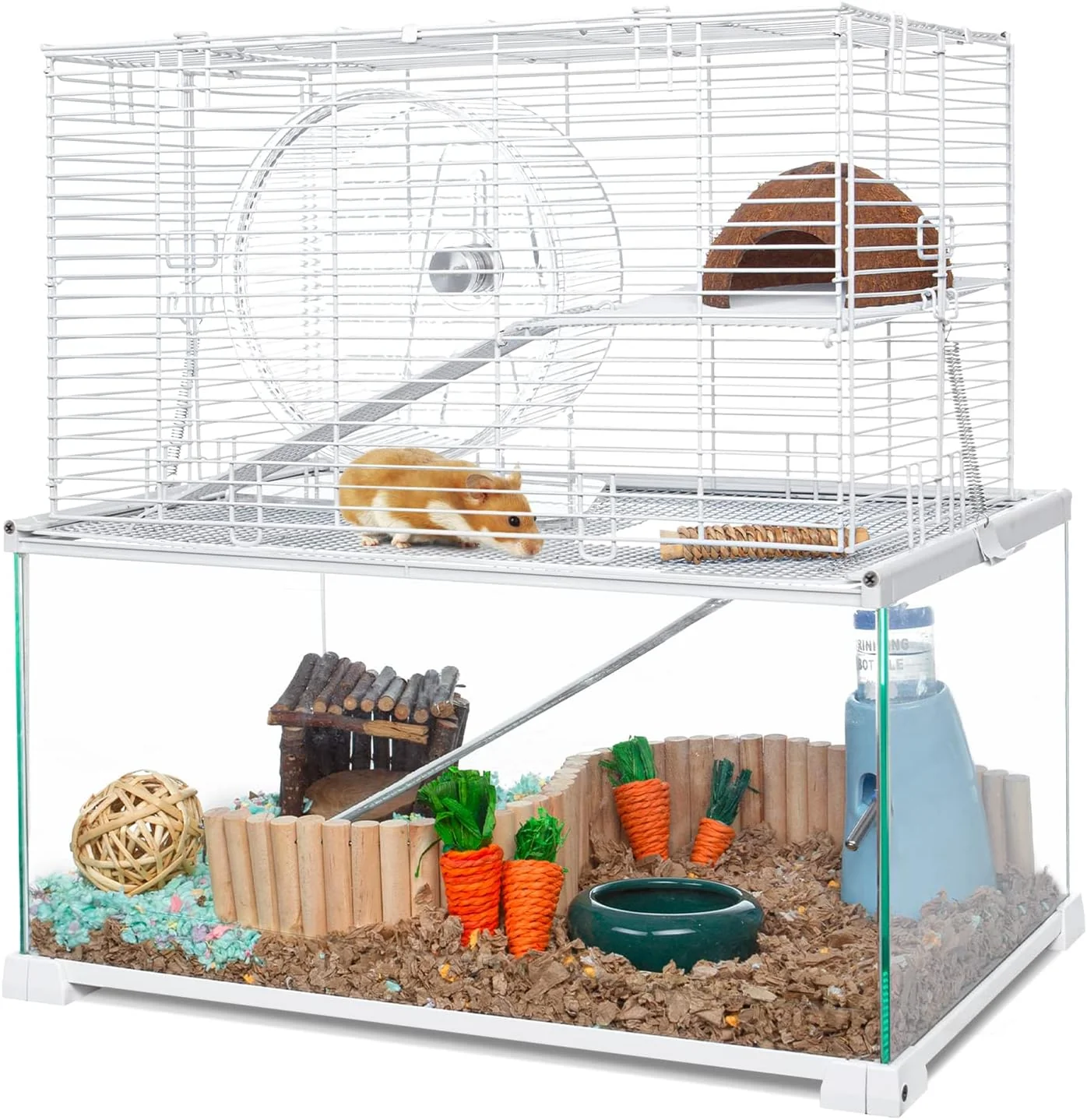 Functional OIIBO 3 Tiers Large Hamster Cages Glass Heightened Wire Topper with Two Shelf and Two Ladders Ramps Openable Top Easy to Clean Removeable Waterproof PVC Tray Medium Healthy