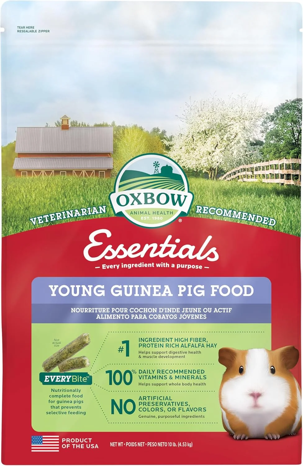 Luxury Oxbow Essentials Guinea Pig Food Young Made Alfalfa Hay for Guinea Pig Pet Food Pellets with Vitamin C Small Animal Pet Products Made in USA High Fiber 10 lb. Bag Authentic