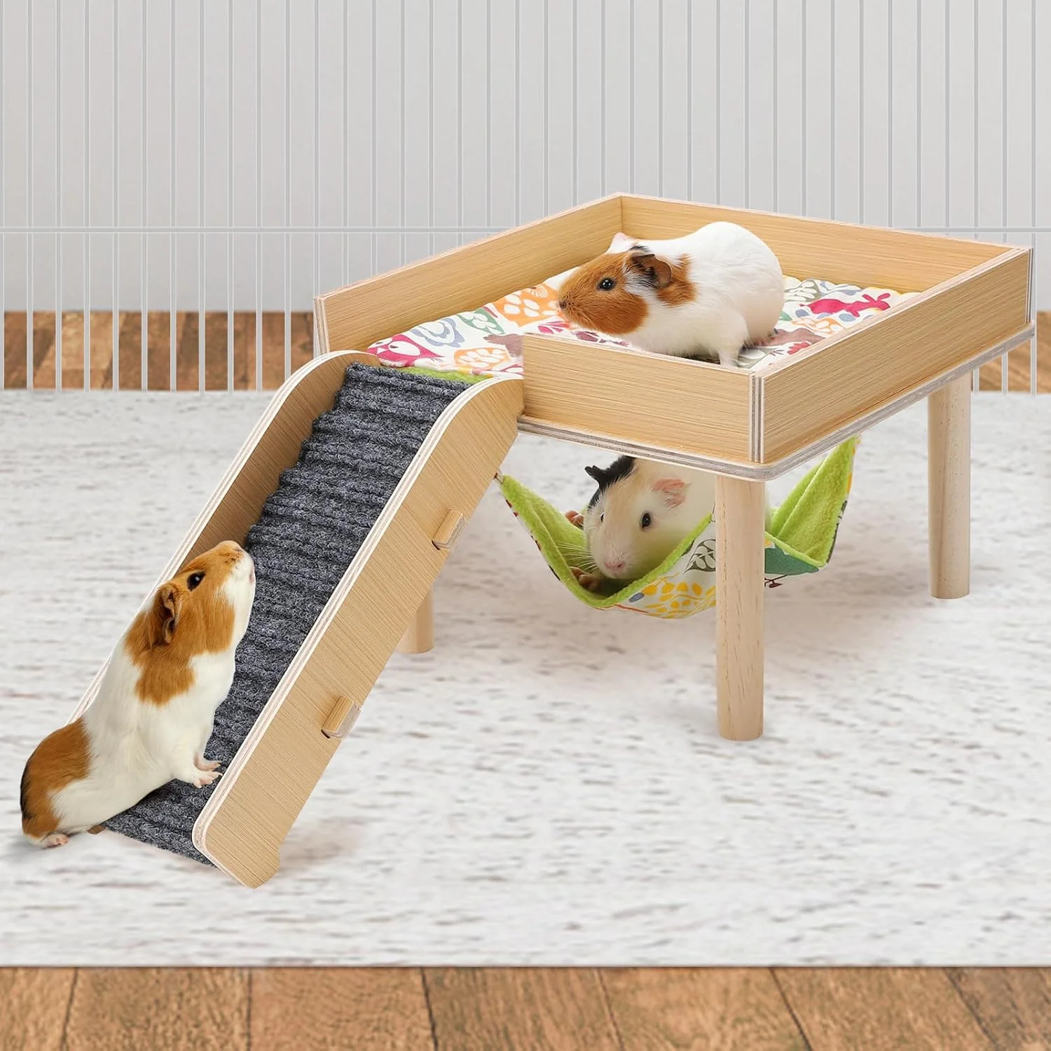 Outstanding Guinea Pigs Hammock with Platform Safe Wooden Guinea Pig Hideout with Stairs Durable Small Pet Bed for Piggies Chinchilla Rat Hamster Bunny Single Hammock Environmentally Friendly