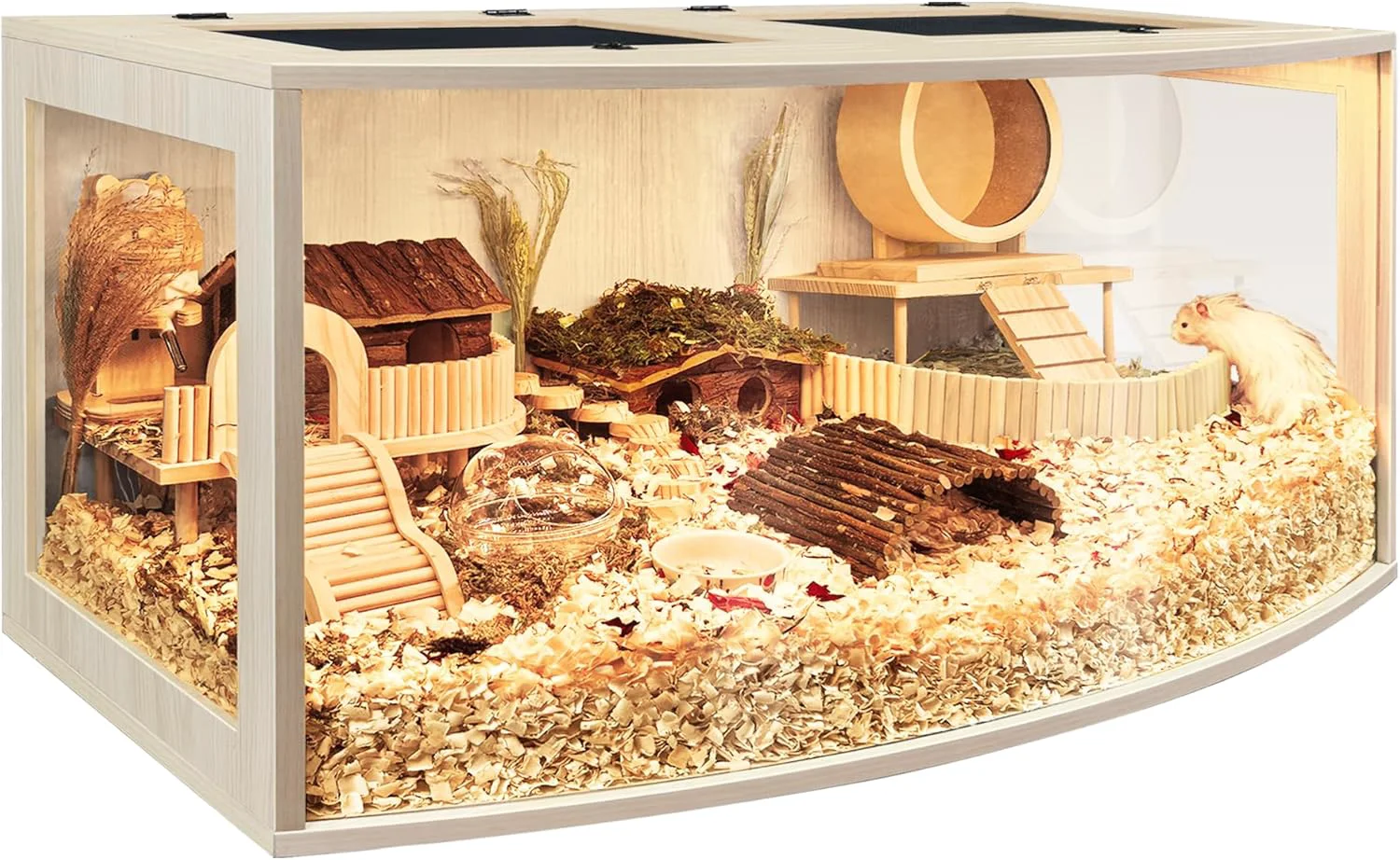Secure Prolee Hamster Cage Chew Proof Wood Hamsters Enclosure Openable Top with Curved Design Waterproof Small Animals Cage with Acrylic Sheets for Gerbils Hamster Habitat 32 Inches Consistent