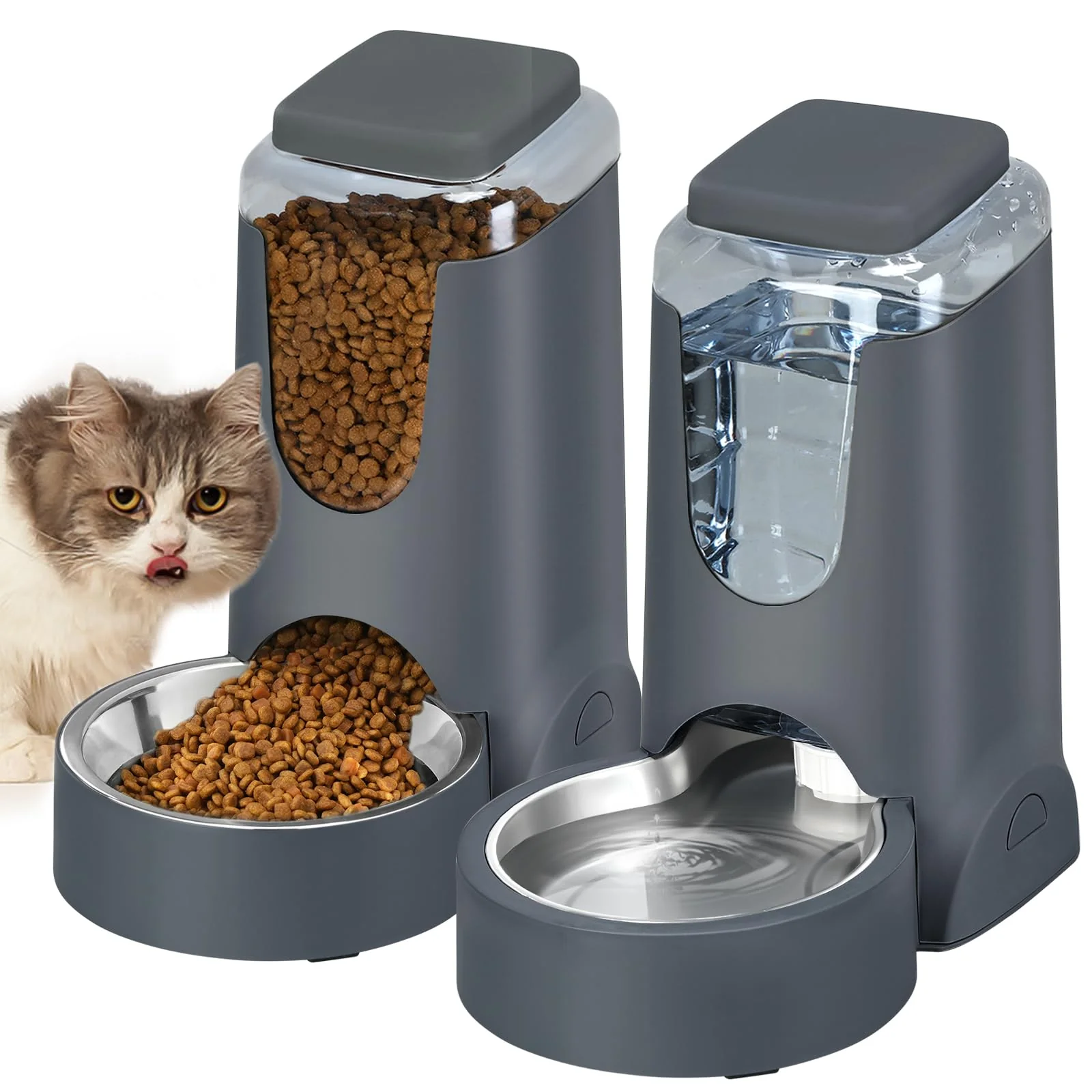Functional HWONMTE Automatic Cat Feeder Water Dispenser – 1 Gallon x 2 Stainless Steel Bowl Relaxed