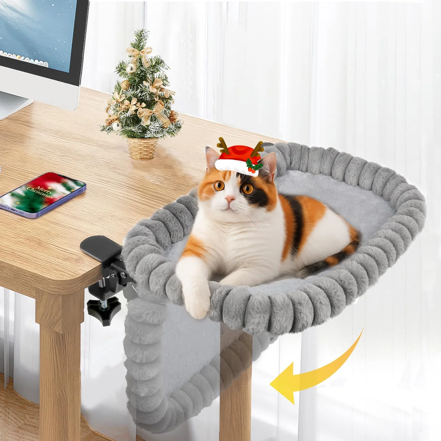 Specialty Pawow Cat Desk Bed - 90° Foldable Space-Saving Perch with 2 Washable Covers Minimalist