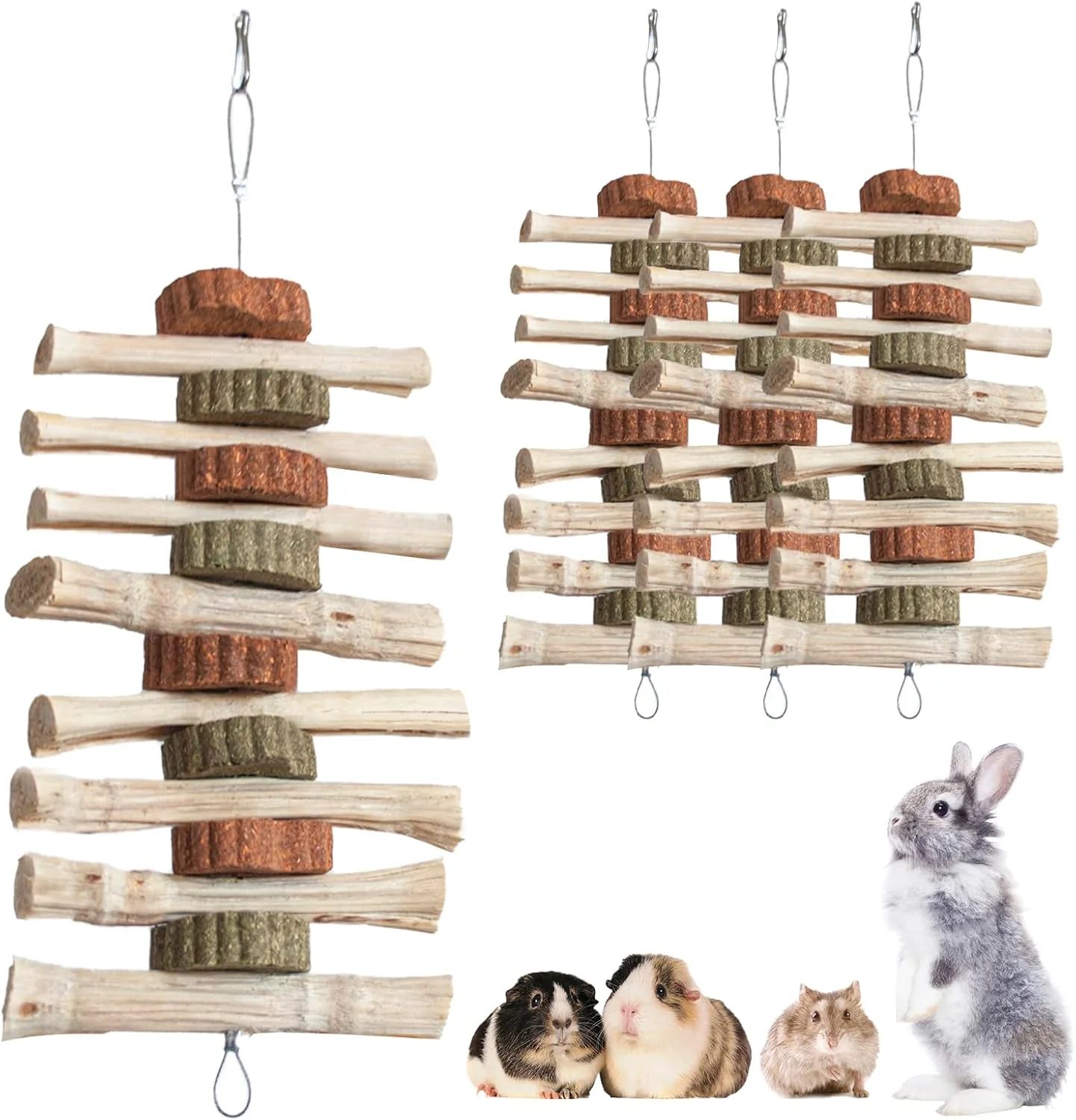 Quality 4 PCS Rabbit Chew Toys for Teeth Grinding Delicious Bunny Cage Hanging Chew Toys Natural Sweet Bamboo Chew Sticks and Timothy Grass Cake Hay Treats Maintaining Healthy Teeth for Rabbits Effective