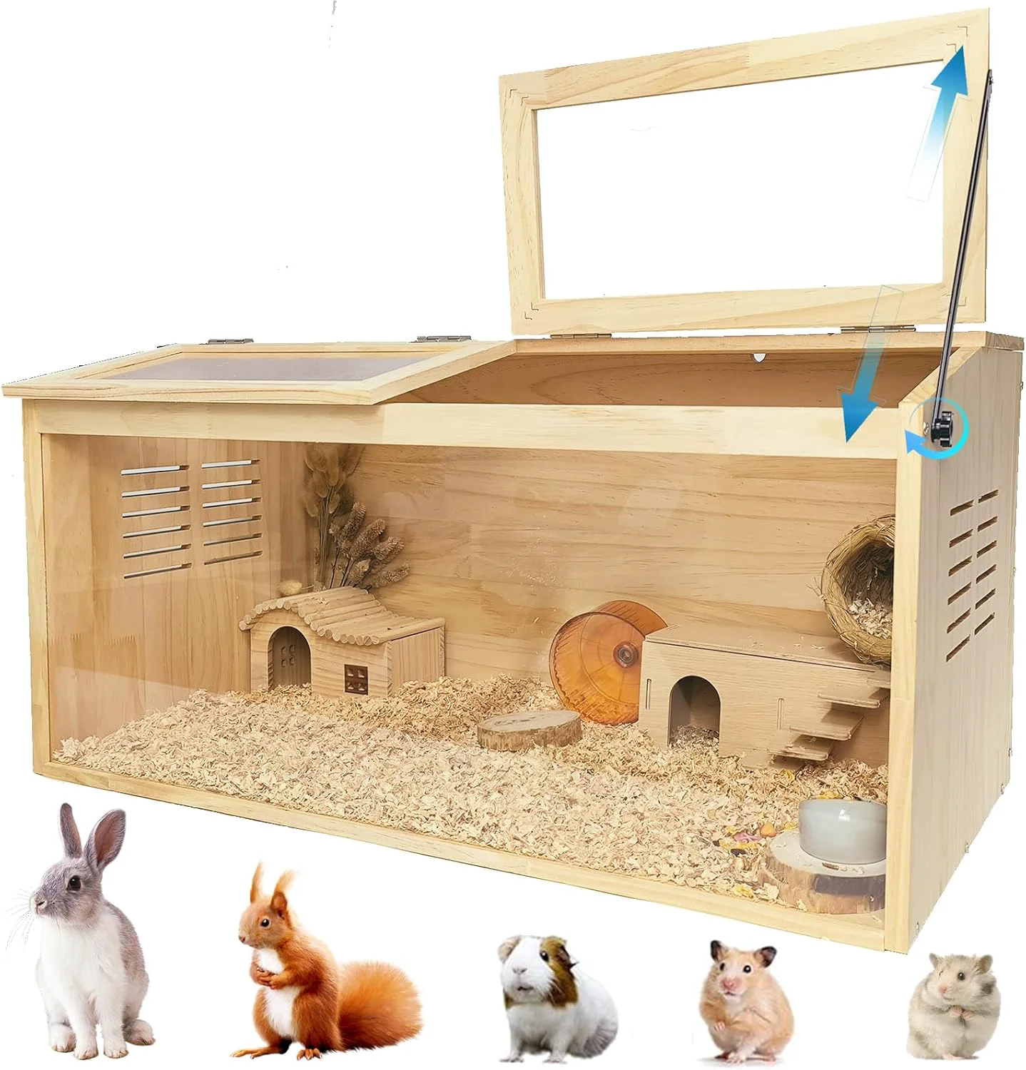 Expertly Made Wooden Hamster Cage 32 Lx16 Wx16 H Animal Cabinet for Dwarf Syrian Hamsters Degus Hamster Habitat with Openable Top and Large Acrylic Sheets Natural Wooden Hamster Habitat. Classic