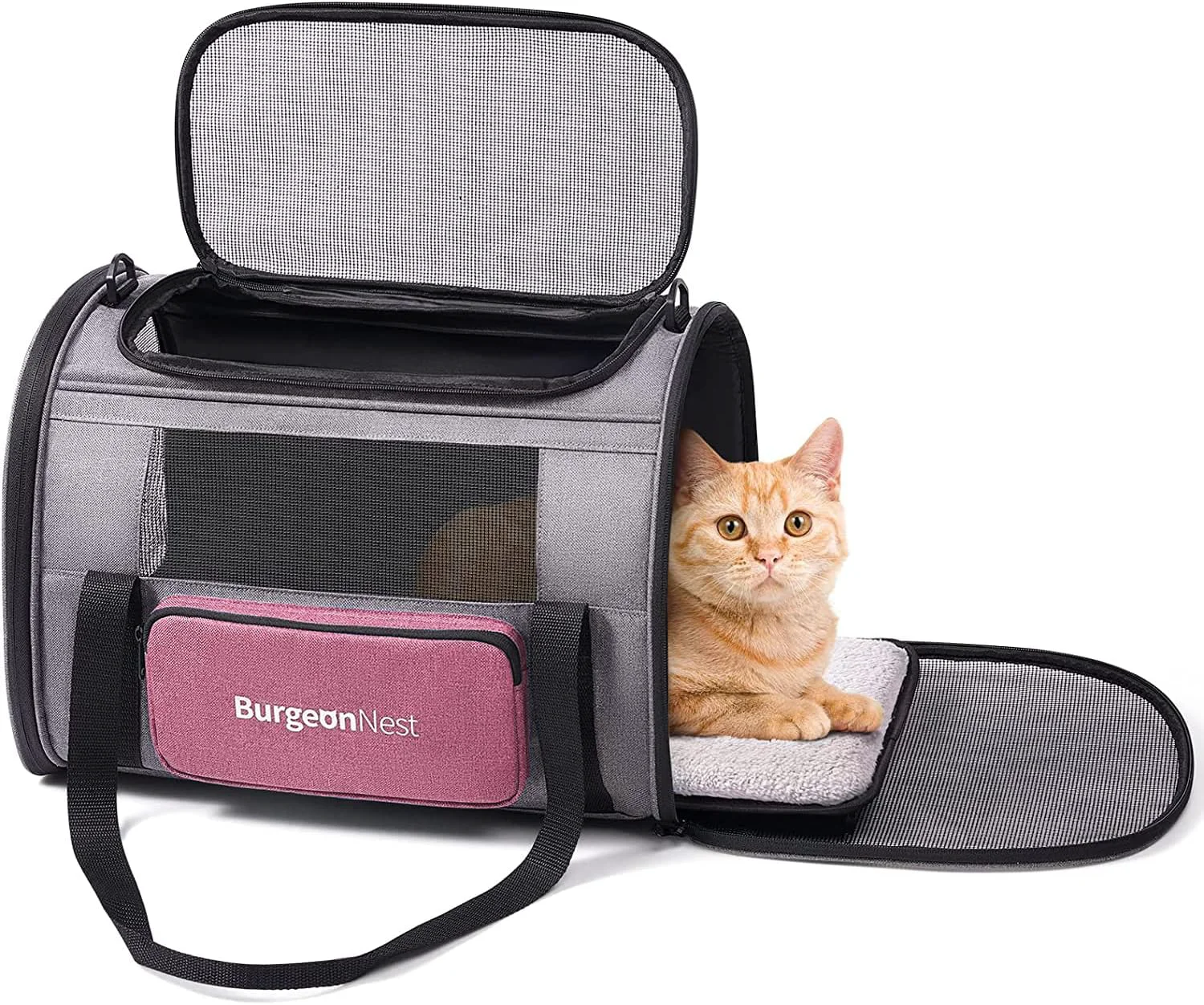 Organic BurgeonNest Cat Carriers for Medium Puppy Under 25 lbs Pet Carrier for Cats with Unique Side Bag Top Load Small Pet Bag Soft-Sided Escape Proof with 4 Ventilated Windows Effective