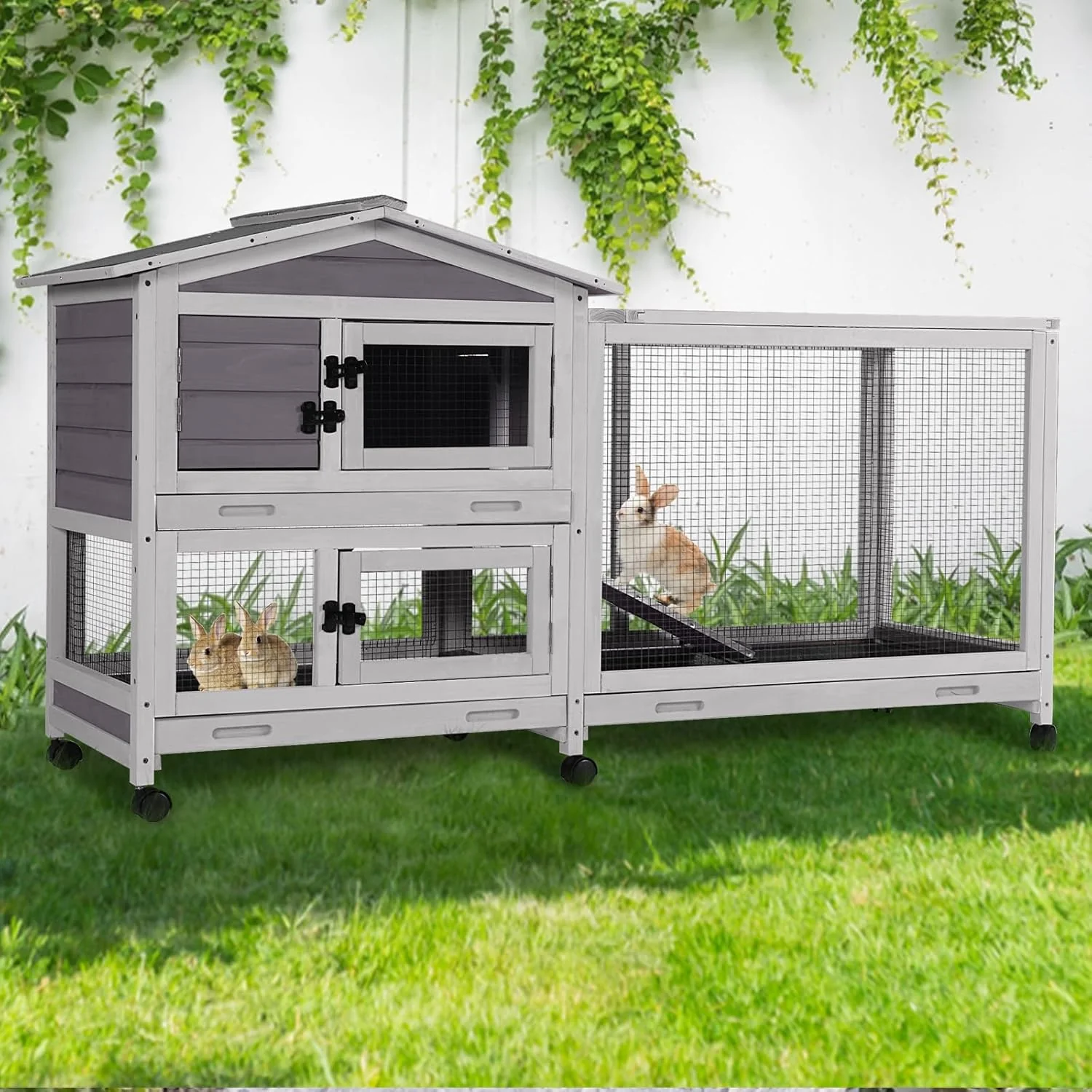 Flexible GUTINNEEN Rabbit Hutch Indoor with Chew-Proof Ramp 62 L Wooden Rabbit Cage with 6 Casters Bunny Cage with 2 Trays and 2 Story for Small to Medium Animals Gray Convenient